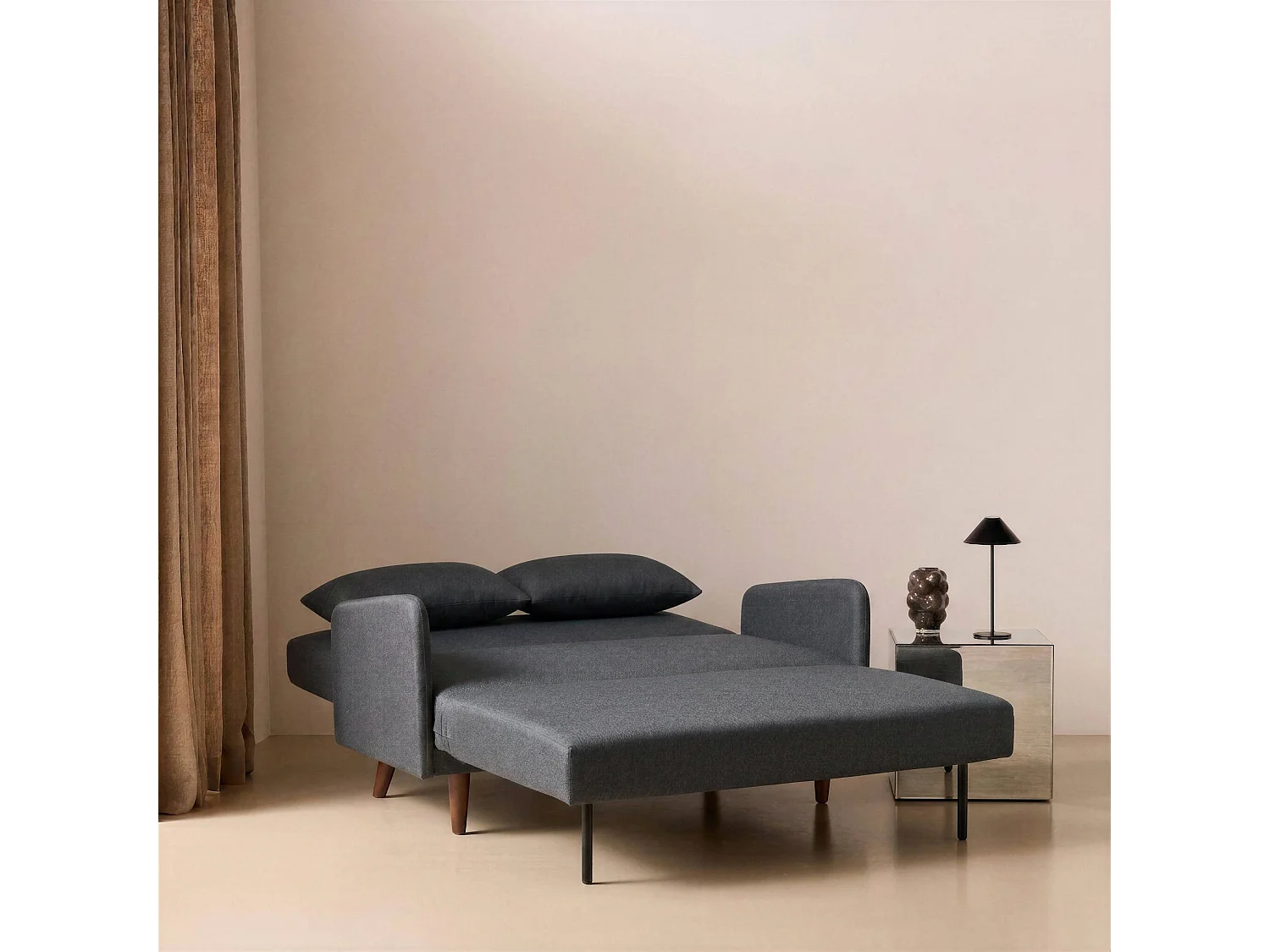 Divano letto clic-clac in tessuto con gambe in legno, 2 posti, grigio