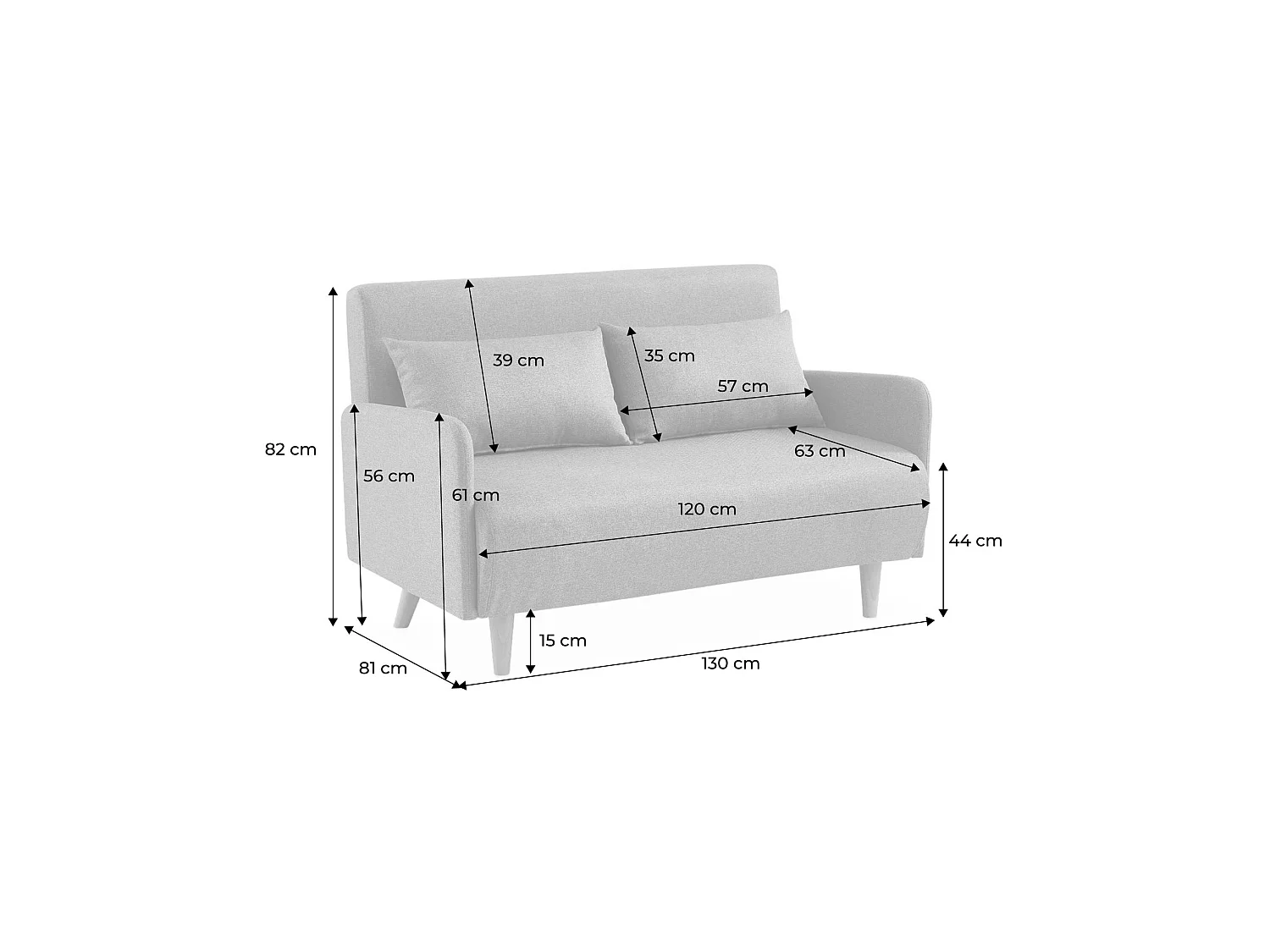 Divano letto clic-clac in tessuto con gambe in legno, 2 posti, grigio