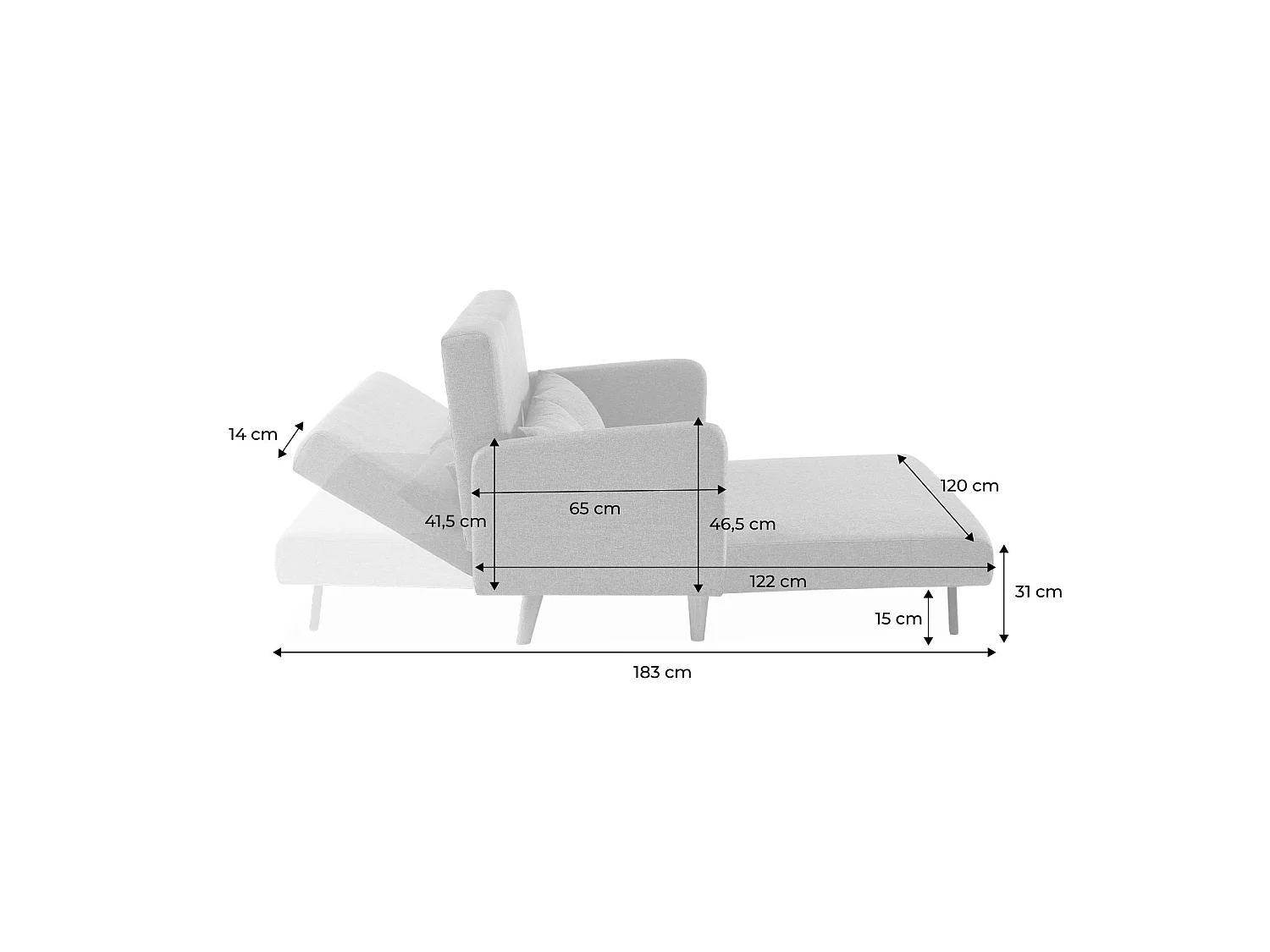 Divano letto clic-clac in tessuto con gambe in legno, 2 posti, grigio