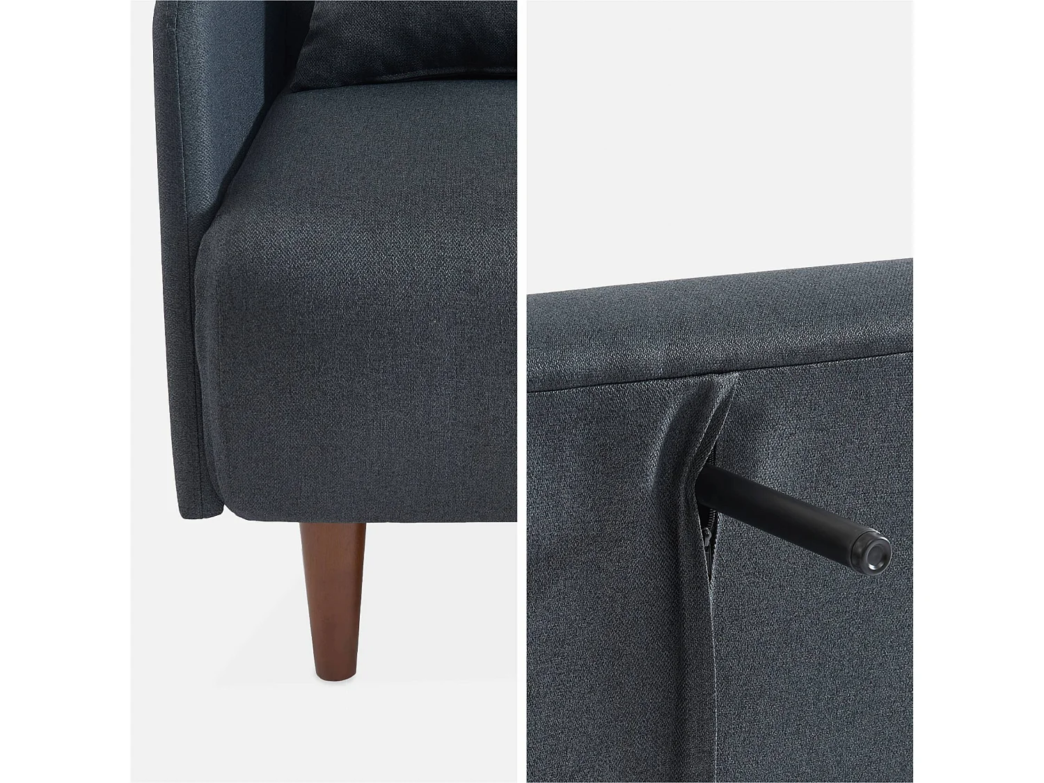 Divano letto clic-clac in tessuto con gambe in legno, 2 posti, grigio