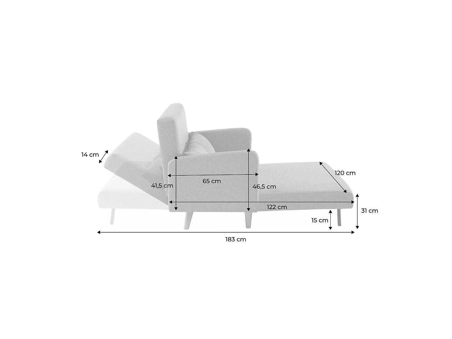 Divano letto clic-clac in tessuto con gambe in legno, 2 posti, grigio