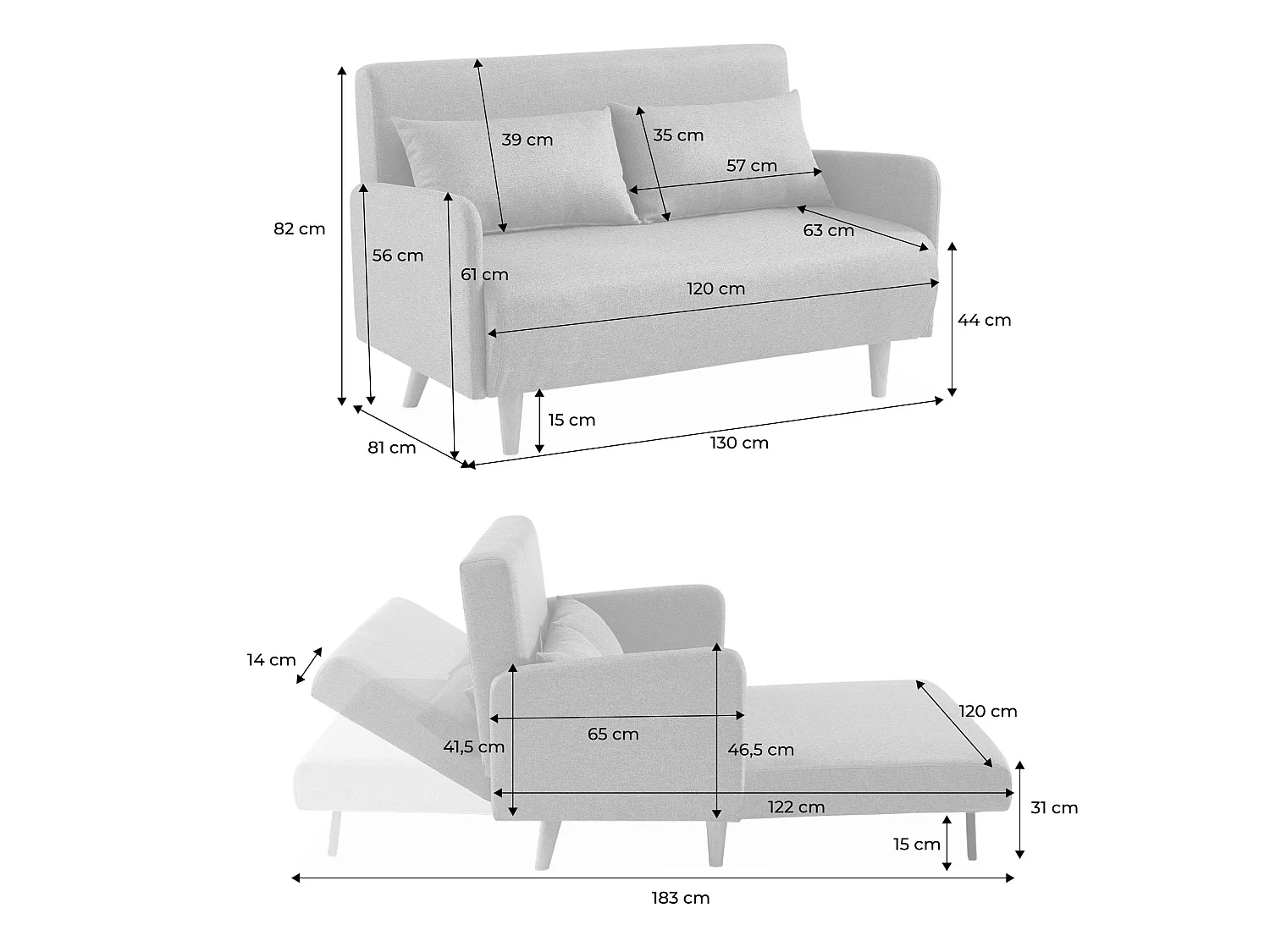 Sofá cama con patas de madera de 2 plazas, Gris oscuro