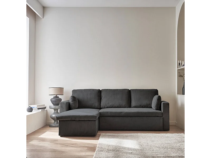 Canapé d'angle convertible en velours côtelé gris foncé  - IDA - 3 places. fauteuil d'angle réversible coffre rangement lit modulable