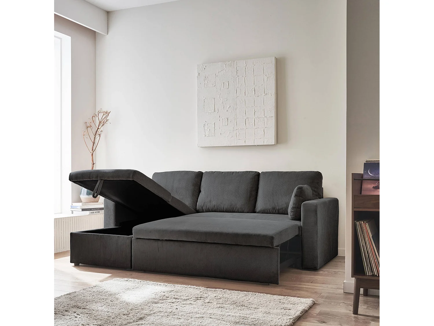 Canapé d'angle convertible en velours côtelé gris foncé  - IDA - 3 places. fauteuil d'angle réversible coffre rangement lit modulable
