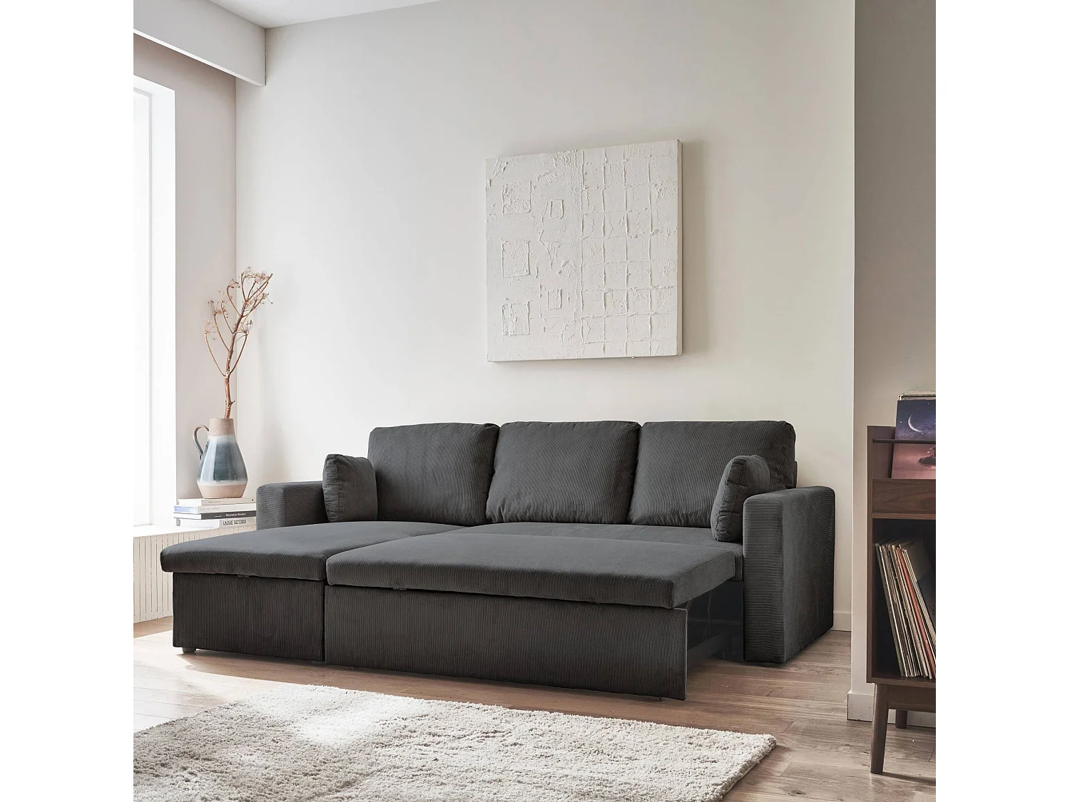 Canapé d'angle convertible en velours côtelé gris foncé  - IDA - 3 places. fauteuil d'angle réversible coffre rangement lit modulable