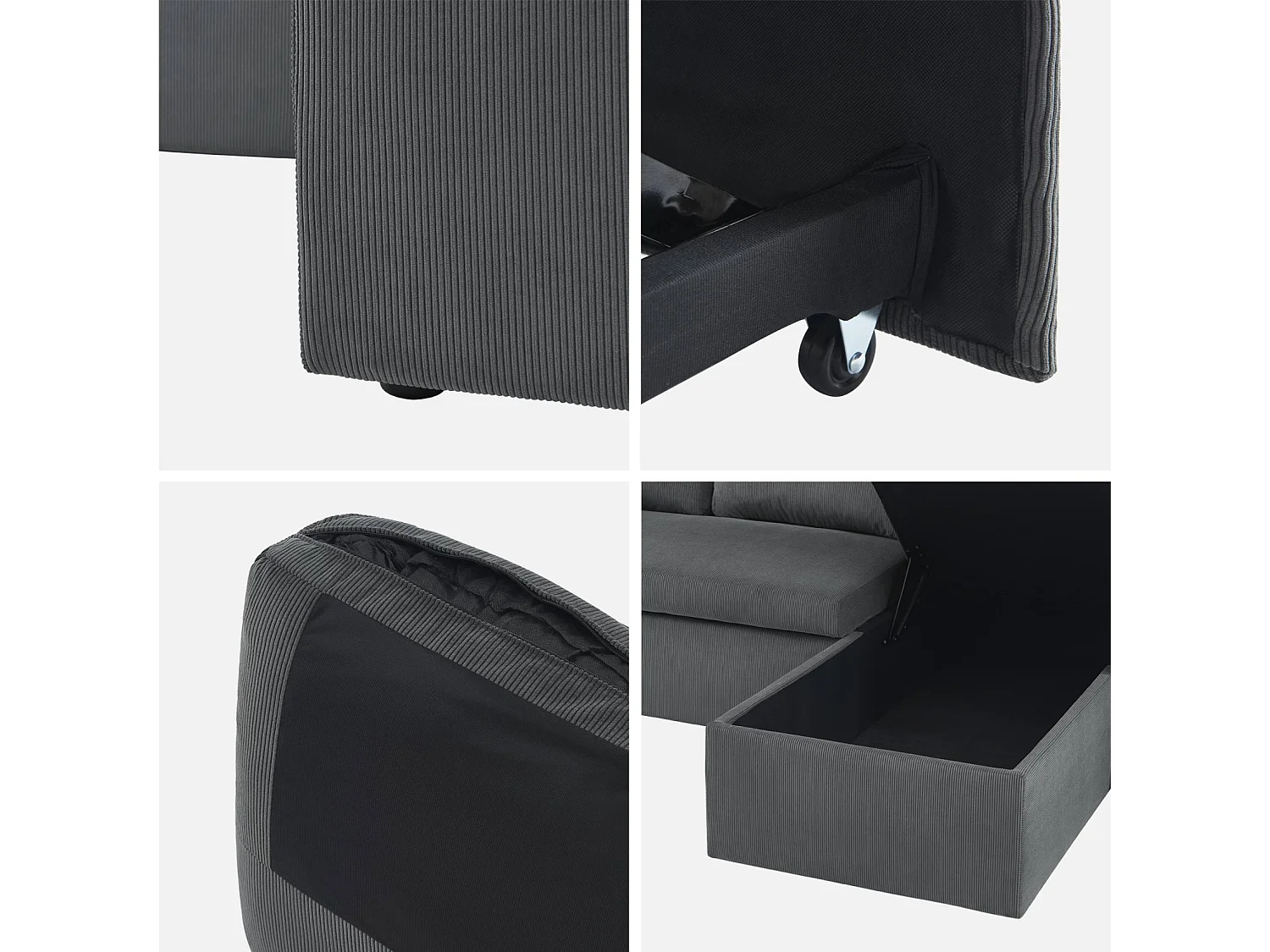 Canapé d'angle convertible en velours côtelé gris foncé  - IDA - 3 places. fauteuil d'angle réversible coffre rangement lit modulable