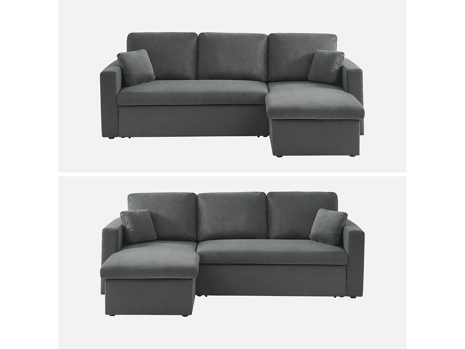 Divano letto angolare reversibile in velluto a coste, 3 posti, grigio