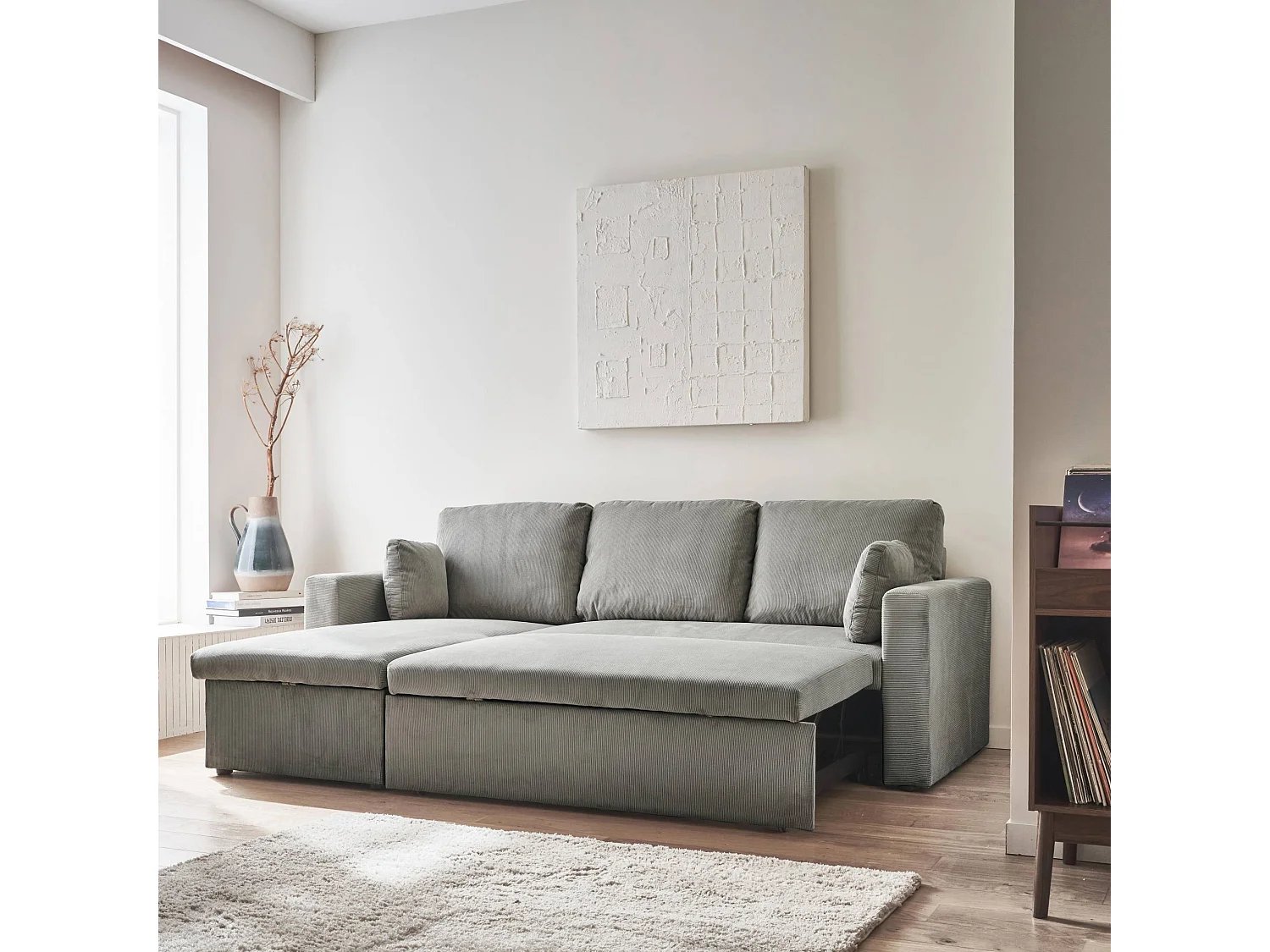 Canapé d'angle convertible en velours côtelé gris clair - IDA - 3 places. fauteuil d'angle réversible coffre rangement lit modulable