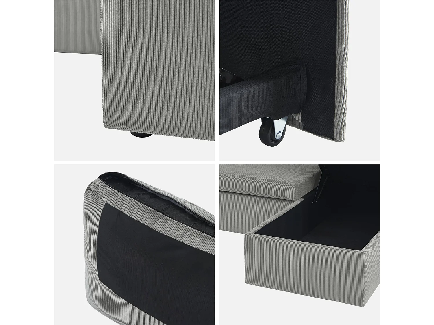 Canapé d'angle convertible en velours côtelé gris clair - IDA - 3 places. fauteuil d'angle réversible coffre rangement lit modulable