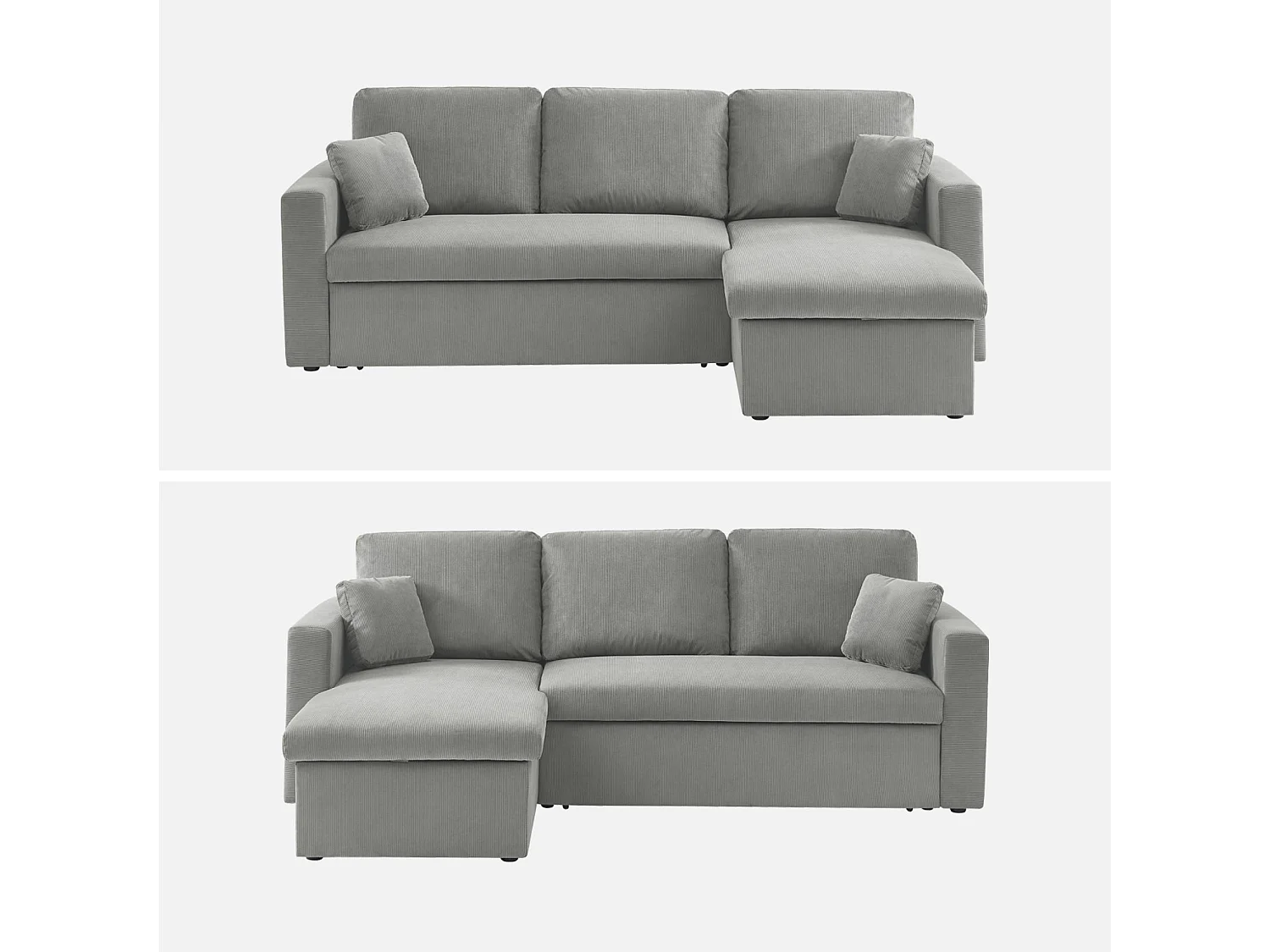 Divano letto angolare reversibile in velluto a coste a 3 posti, grigio