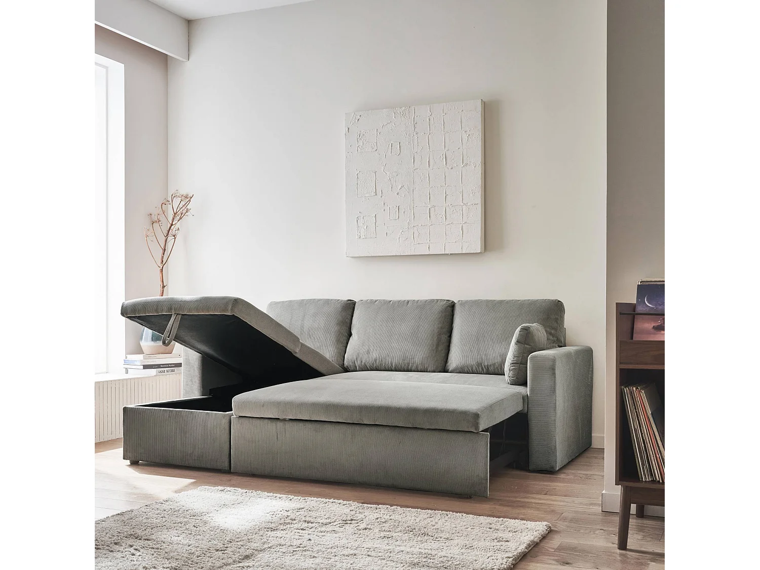 Divano letto angolare reversibile in velluto a coste, 3 posti, grigio