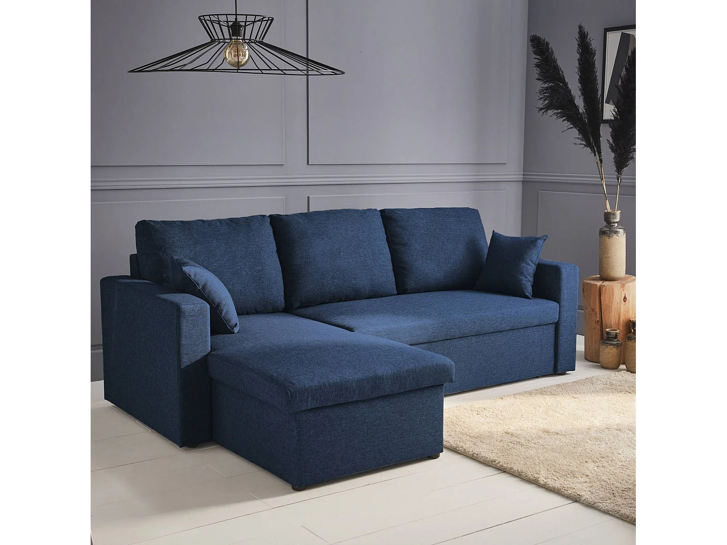 Divano letto angolare reversibile 3 posti con contenitore, blu