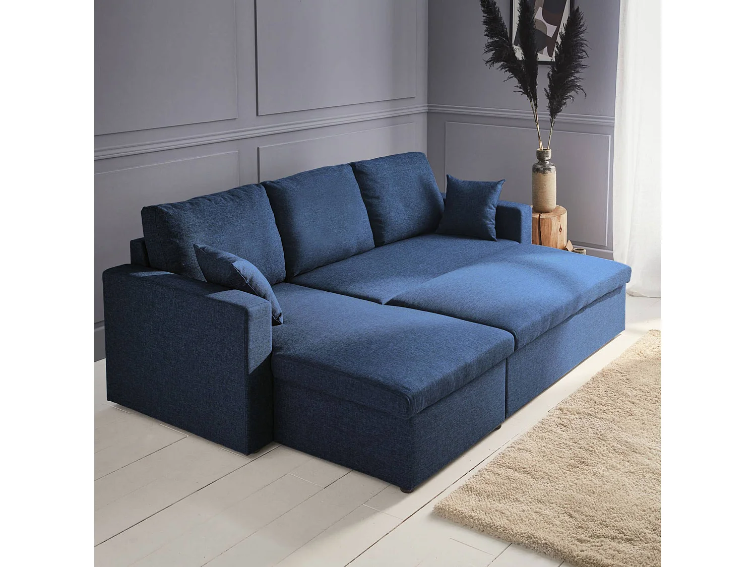 Divano letto angolare reversibile 3 posti con contenitore, blu