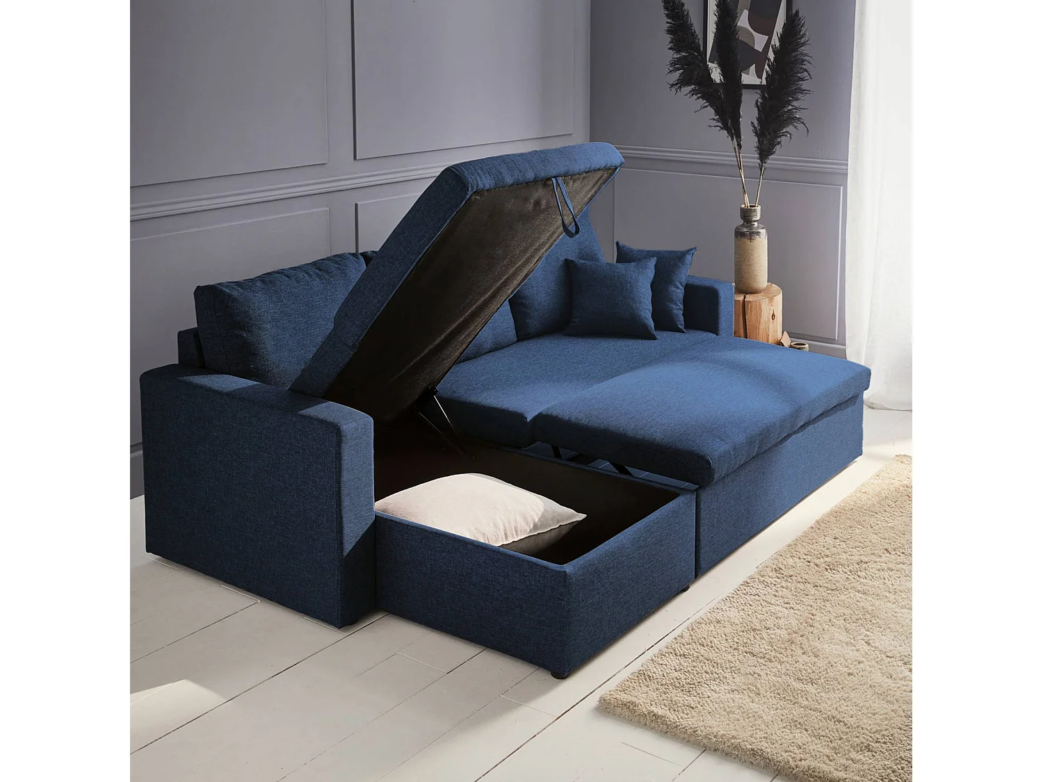 Divano letto angolare reversibile 3 posti con contenitore, blu