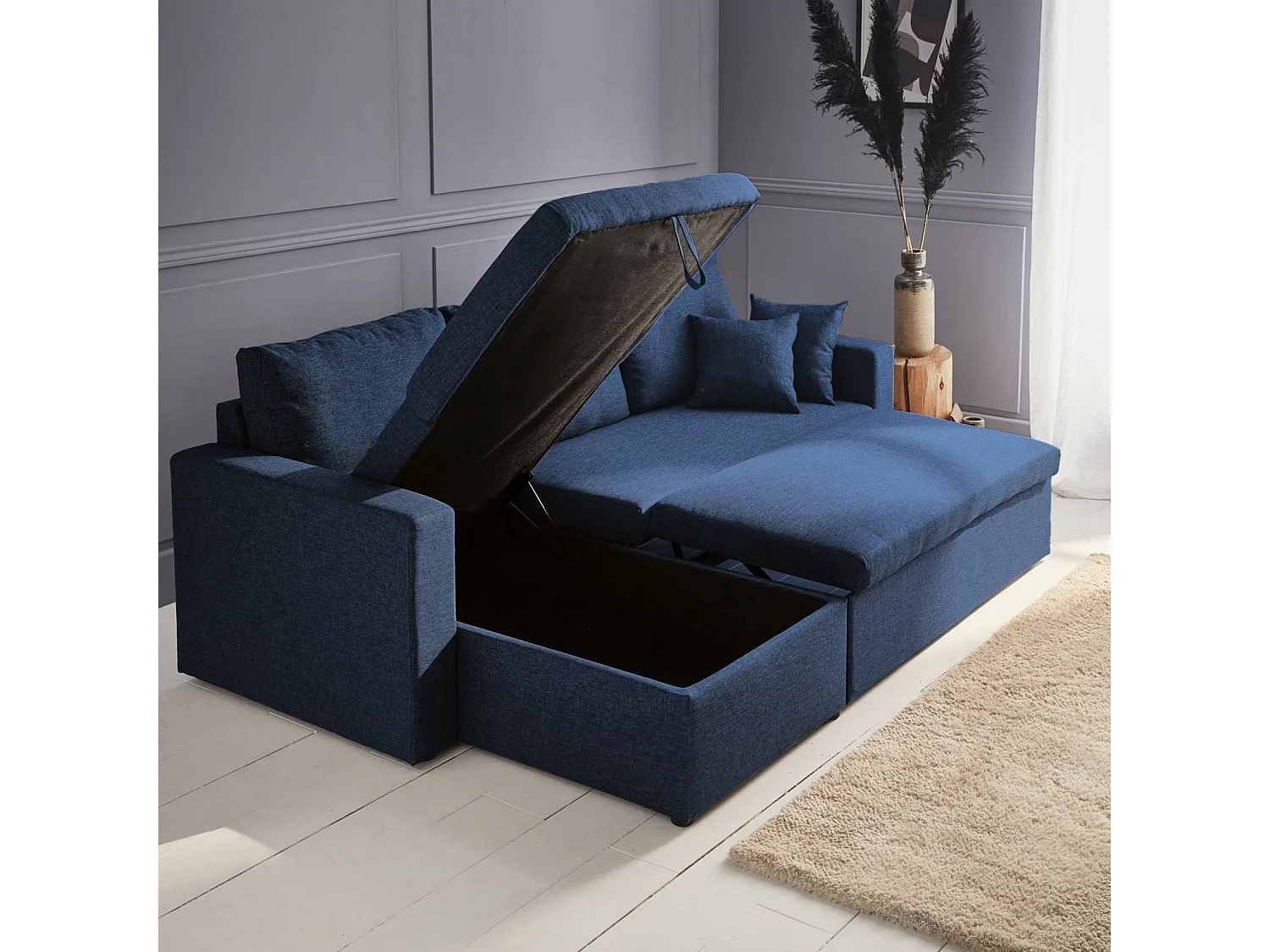 Divano letto angolare reversibile con contenitore, 3 posti, blu