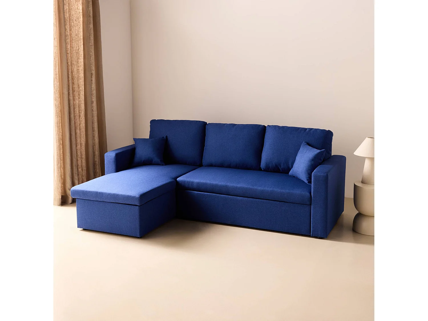 Canapé d'angle convertible en tissu bleu - IDA - 3 places. fauteuil d'angle réversible coffre rangement lit modulable