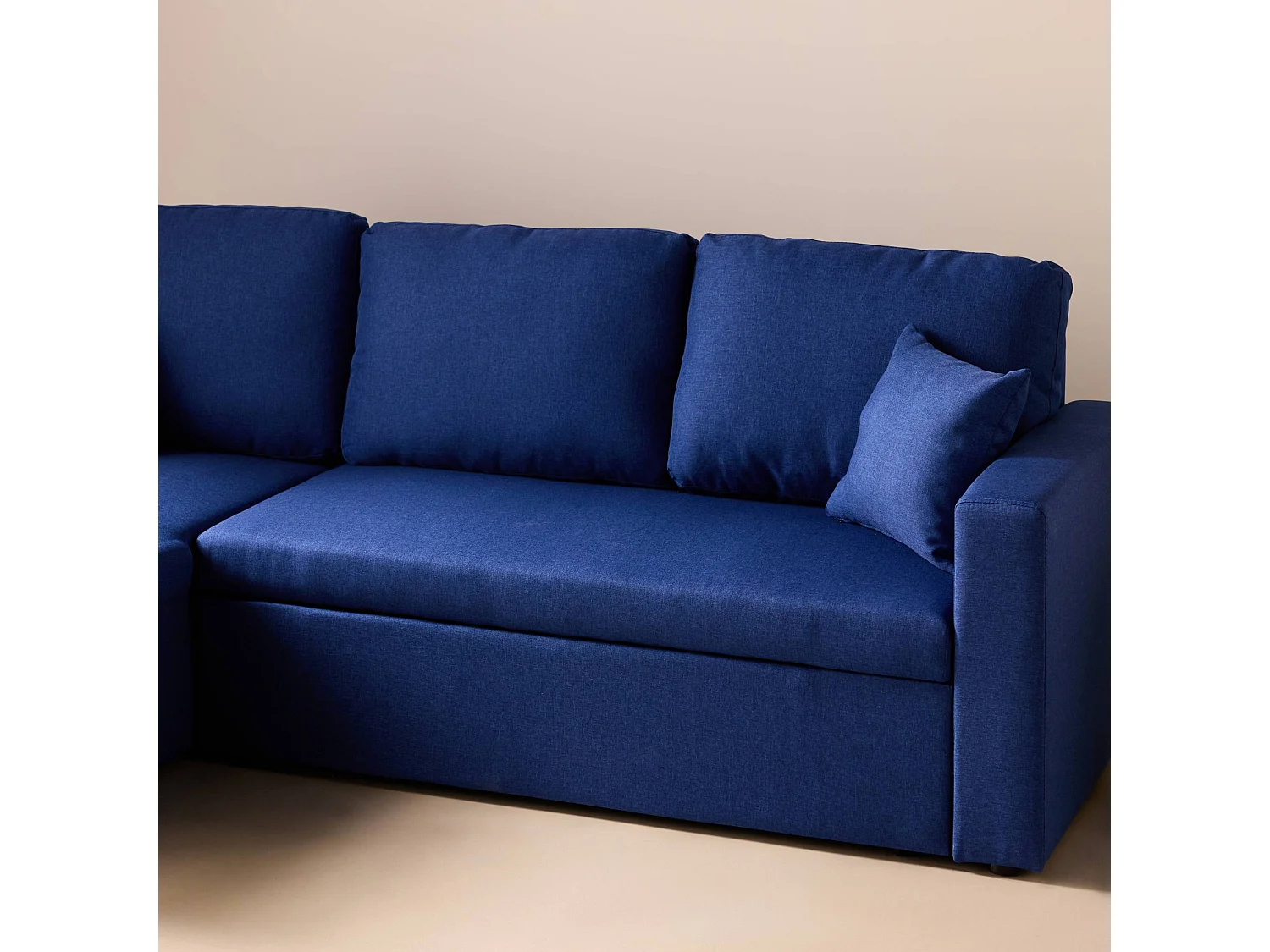 Canapé d'angle convertible en tissu bleu - IDA - 3 places. fauteuil d'angle réversible coffre rangement lit modulable
