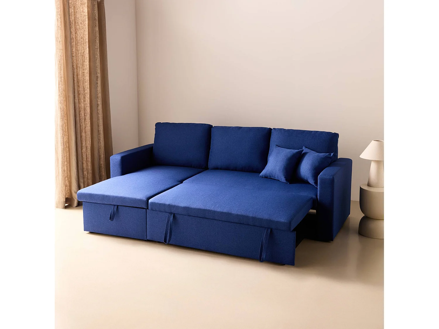 Canapé d'angle convertible en tissu bleu - IDA - 3 places. fauteuil d'angle réversible coffre rangement lit modulable