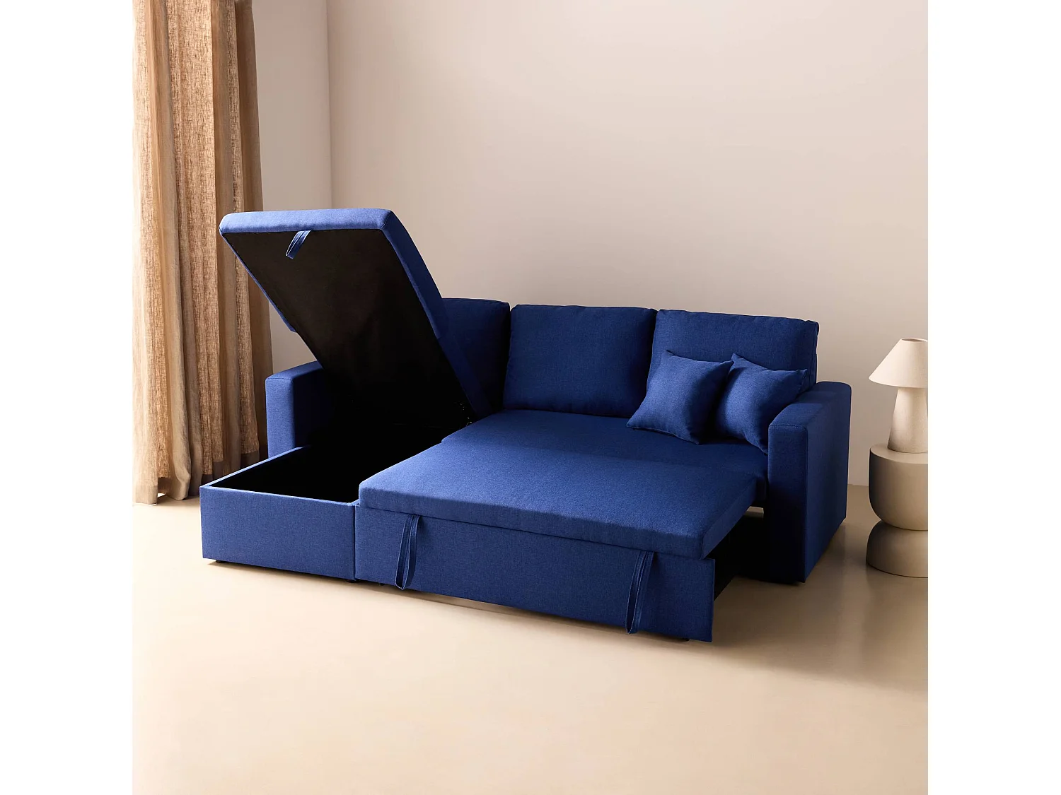 Canapé d'angle convertible en tissu bleu - IDA - 3 places. fauteuil d'angle réversible coffre rangement lit modulable