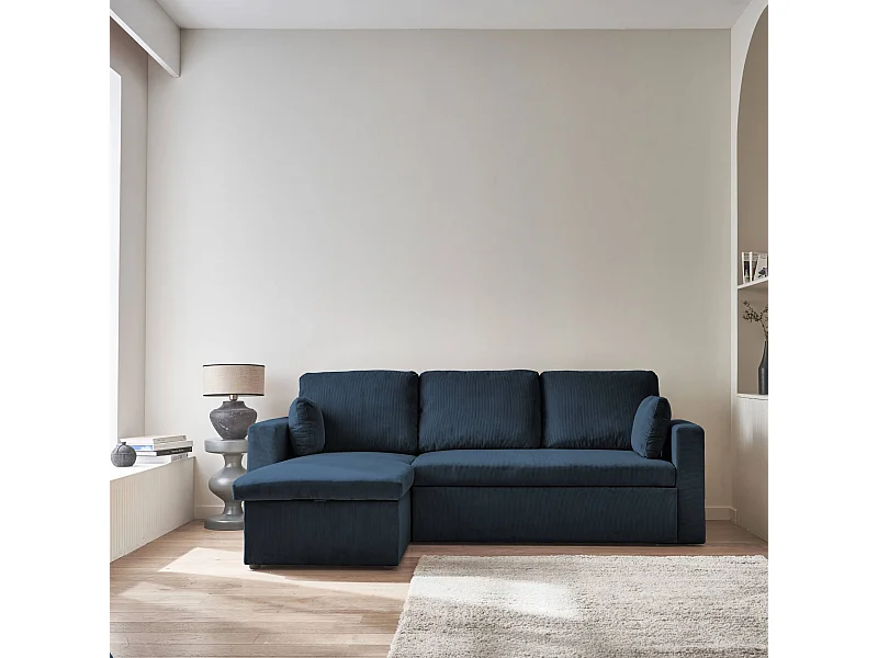 Canapé d'angle convertible en velours côtelé bleu - IDA - 3 places. fauteuil d'angle réversible coffre rangement lit modulable