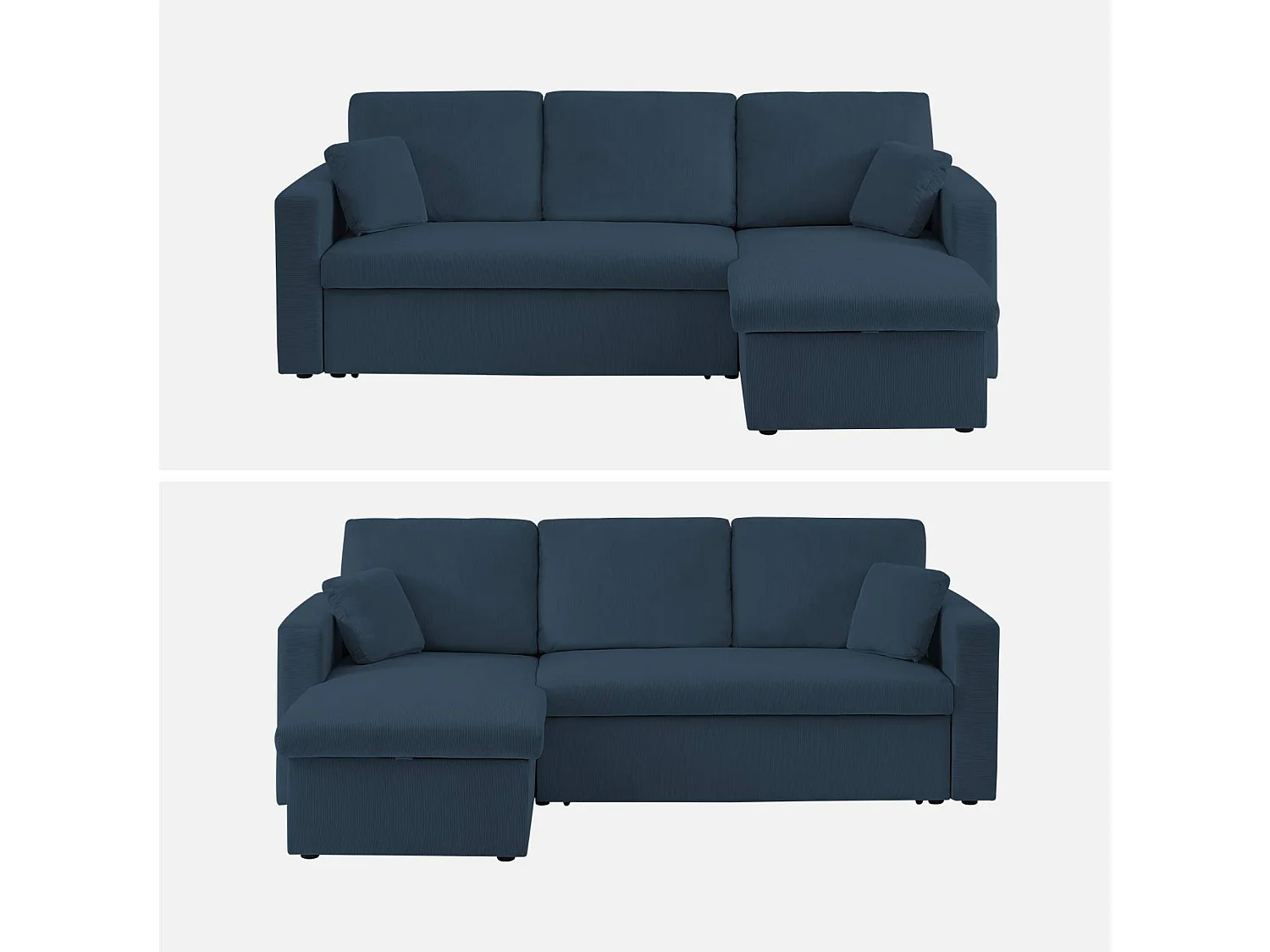 Canapé d'angle convertible en velours côtelé bleu - IDA - 3 places. fauteuil d'angle réversible coffre rangement lit modulable