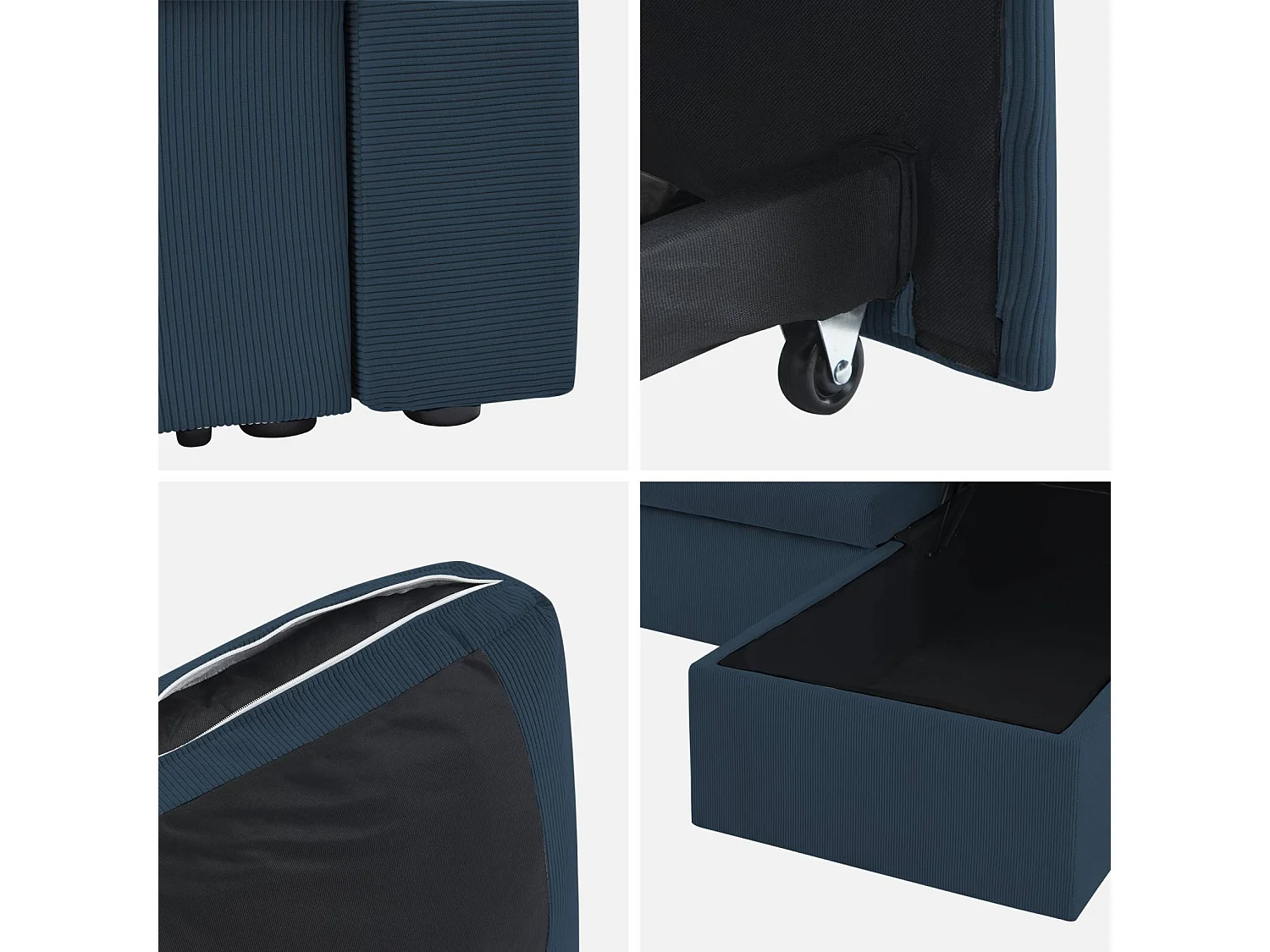 Canapé d'angle convertible en velours côtelé bleu - IDA - 3 places. fauteuil d'angle réversible coffre rangement lit modulable