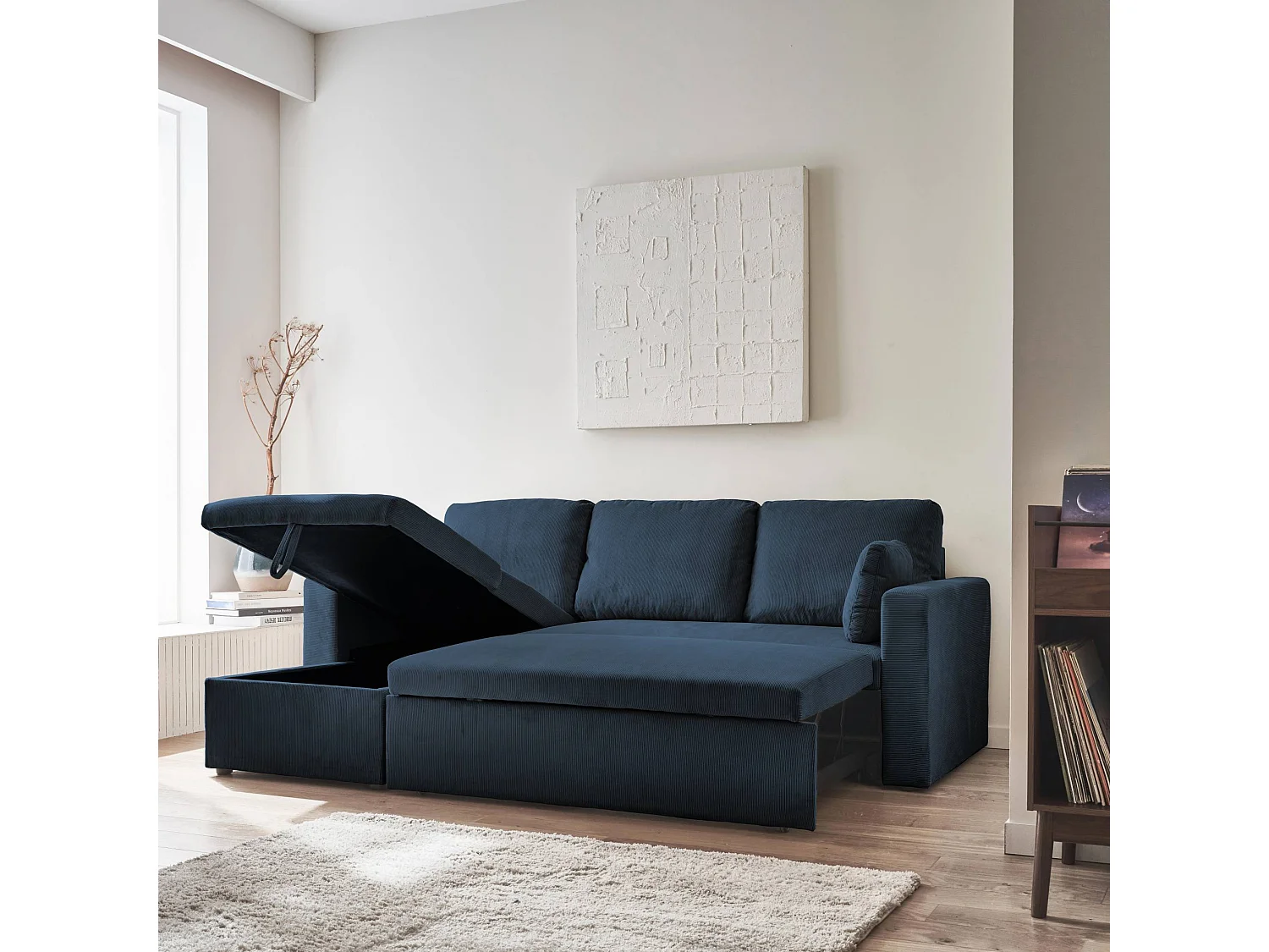 Canapé d'angle convertible en velours côtelé bleu - IDA - 3 places. fauteuil d'angle réversible coffre rangement lit modulable