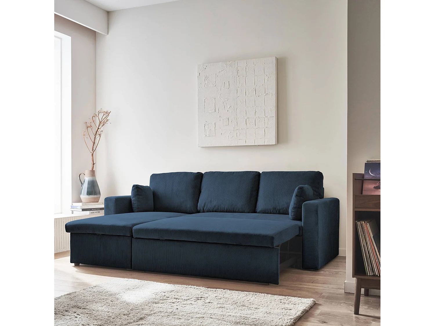 Canapé d'angle convertible en velours côtelé bleu - IDA - 3 places. fauteuil d'angle réversible coffre rangement lit modulable