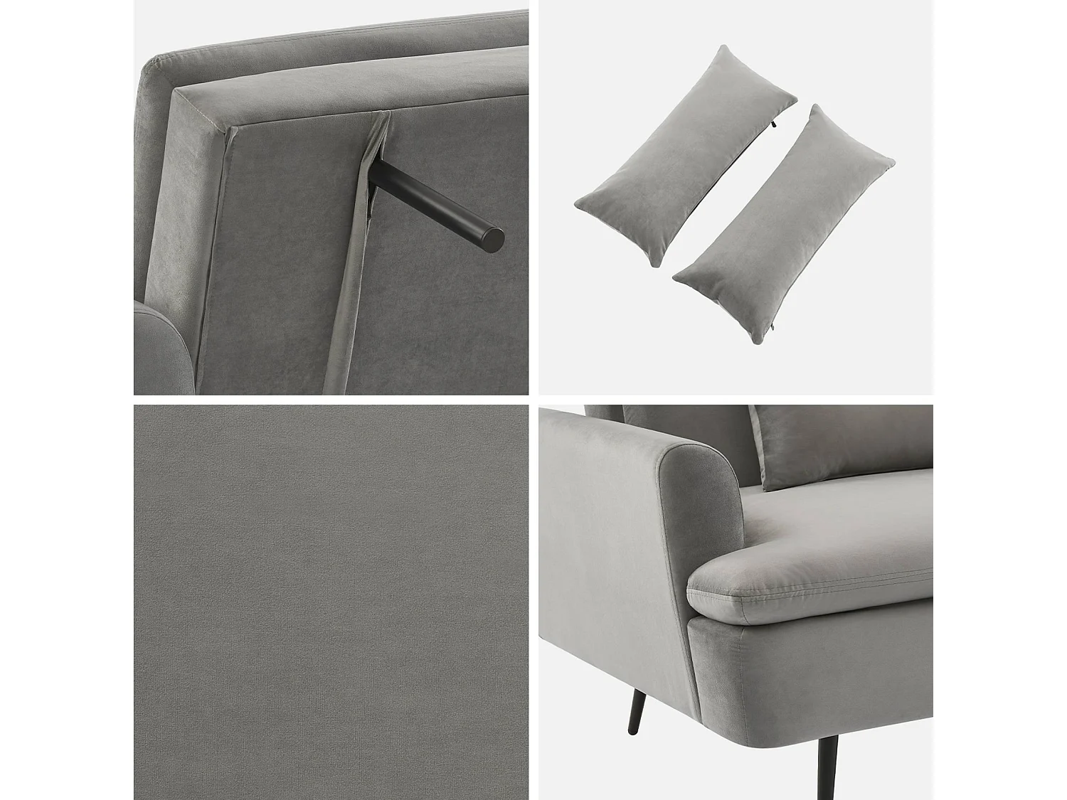 Canapé convertible. John. 2-3 places pieds métal et velours gris clair L 210 x P111 x H48cm