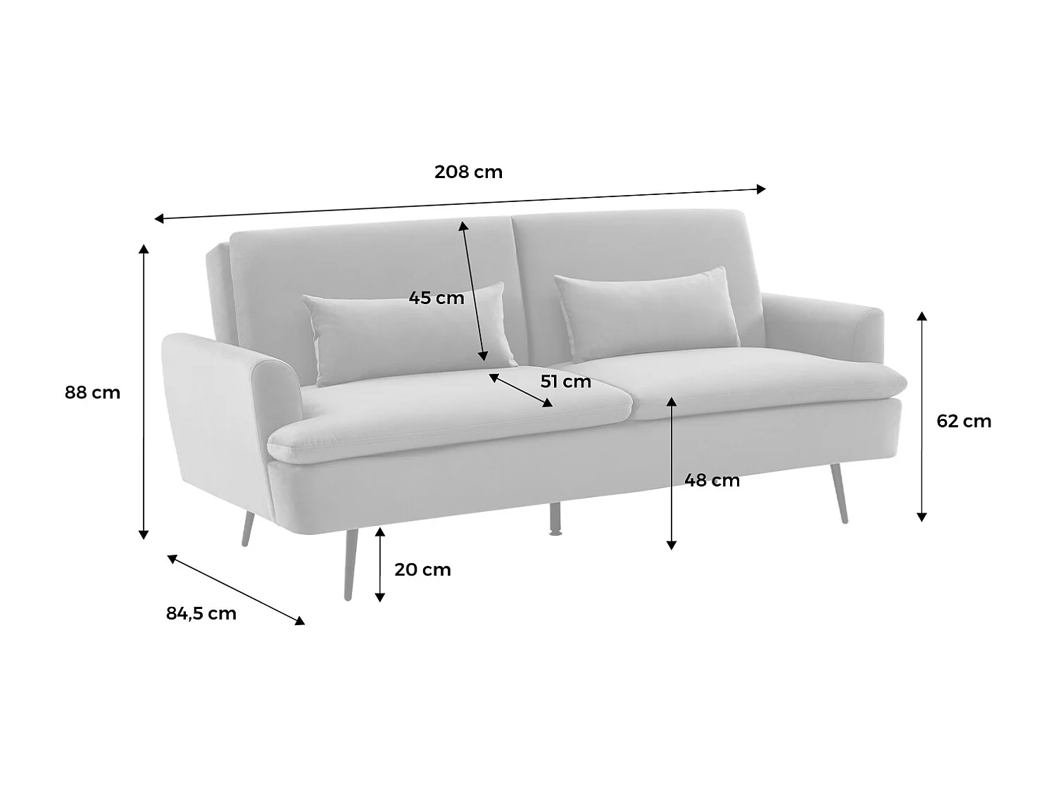 Canapé convertible. John. 2-3 places pieds métal et velours gris clair L 210 x P111 x H48cm