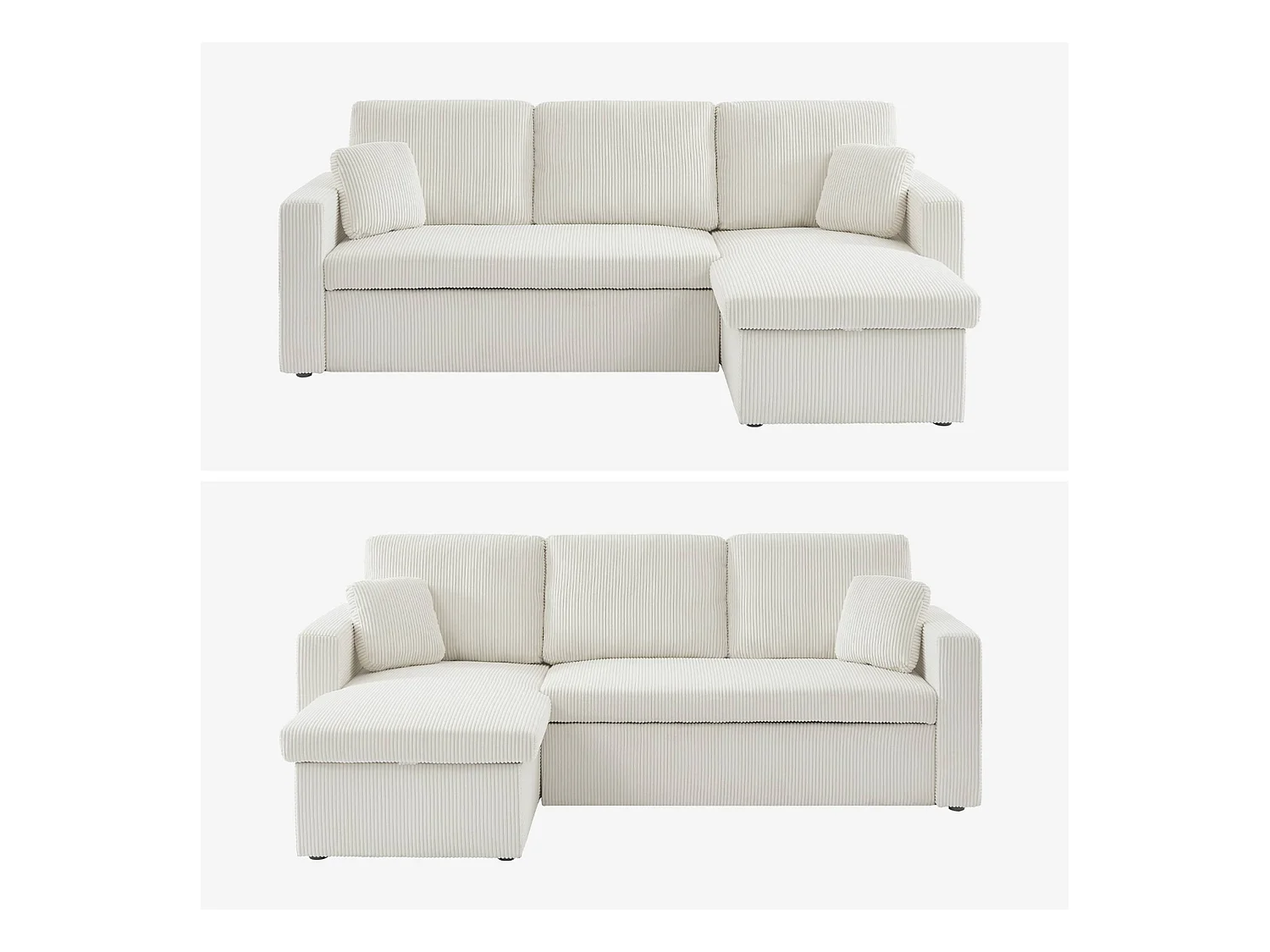 Canapé d'angle convertible et réversible. velours côtelé grosse côte blanc crème. 3 places
