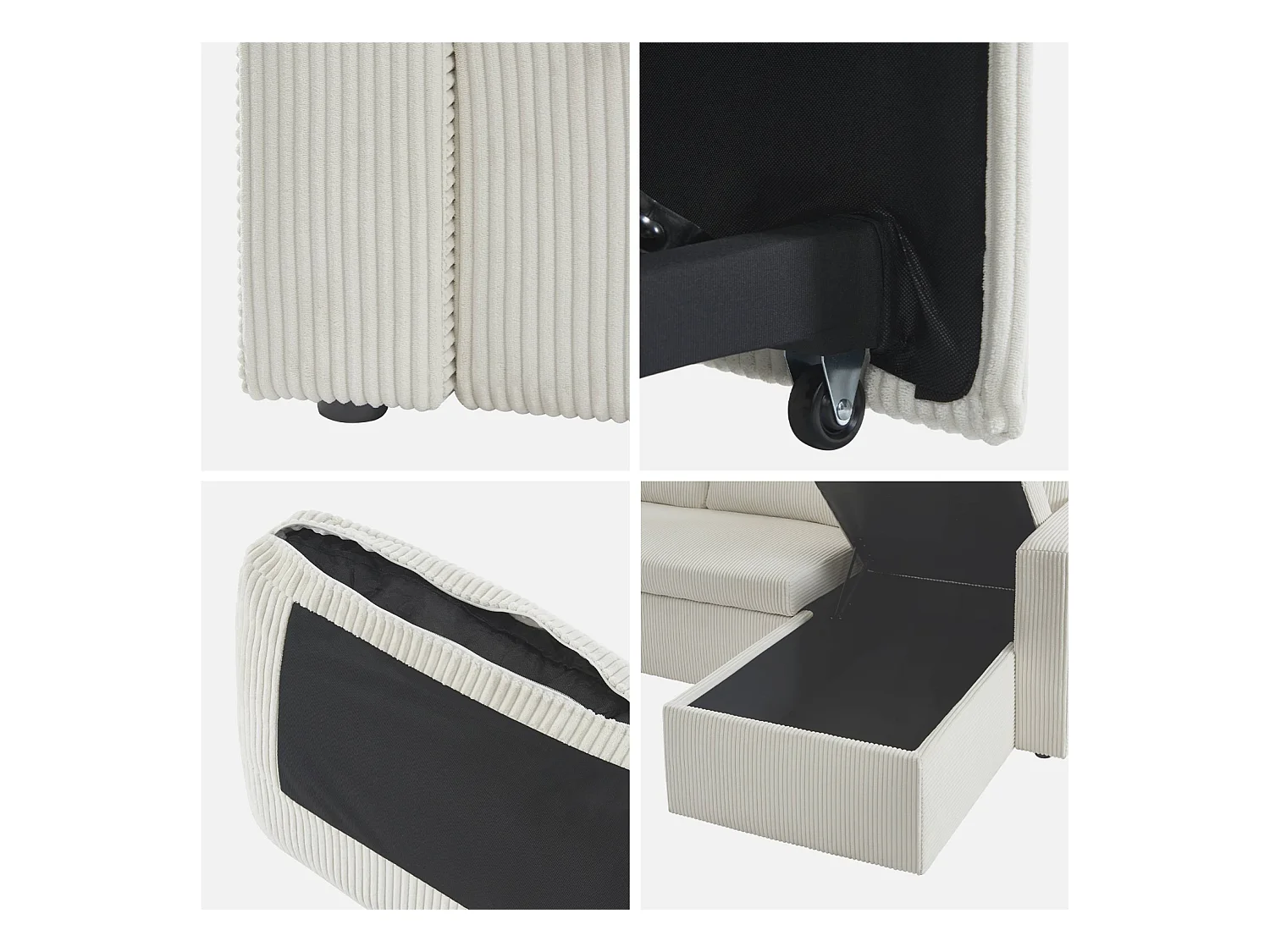 Canapé d'angle convertible et réversible. velours côtelé grosse côte blanc crème. 3 places