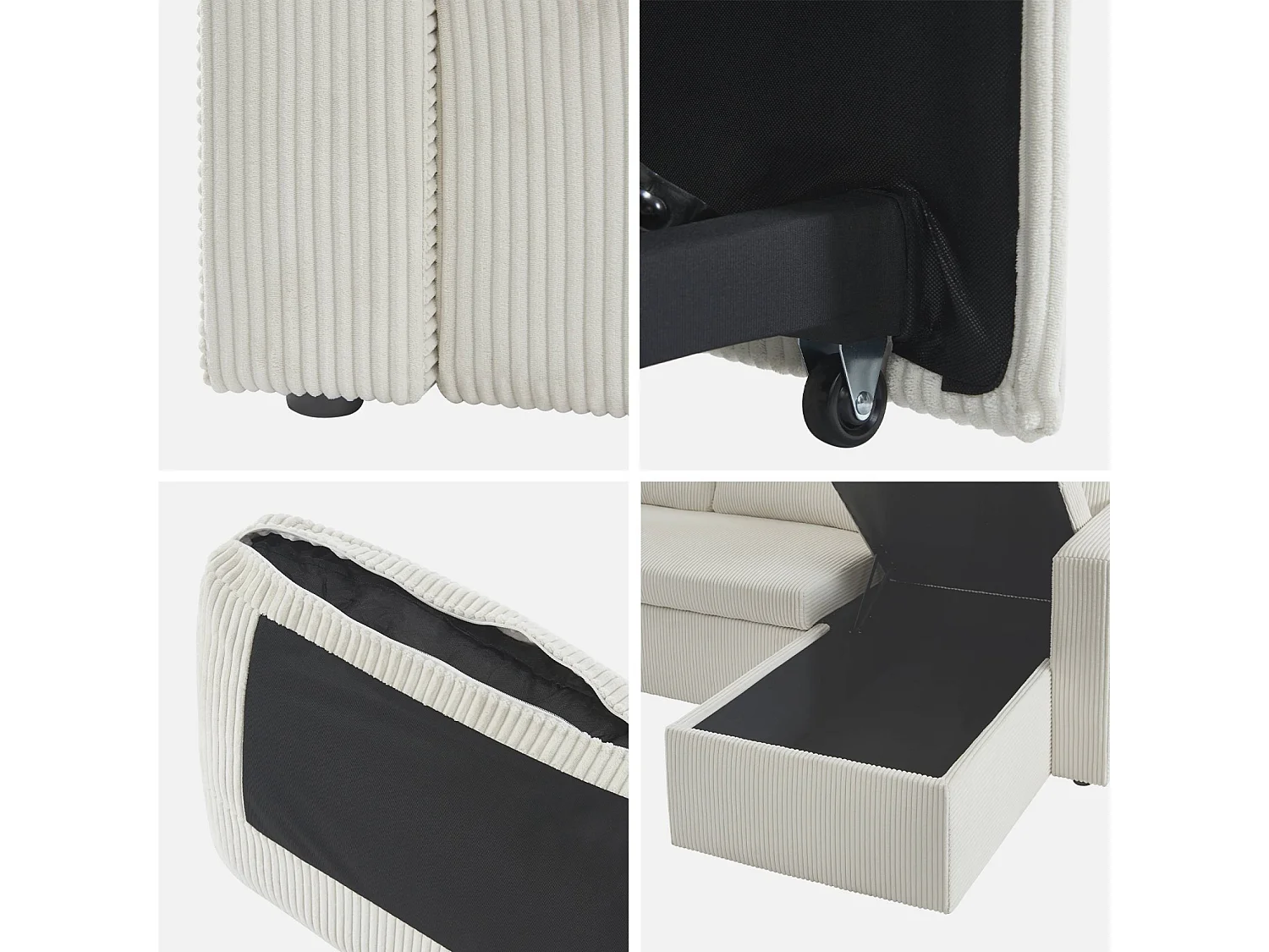 Canapé d'angle convertible et réversible. velours côtelé grosse côte blanc crème. 3 places