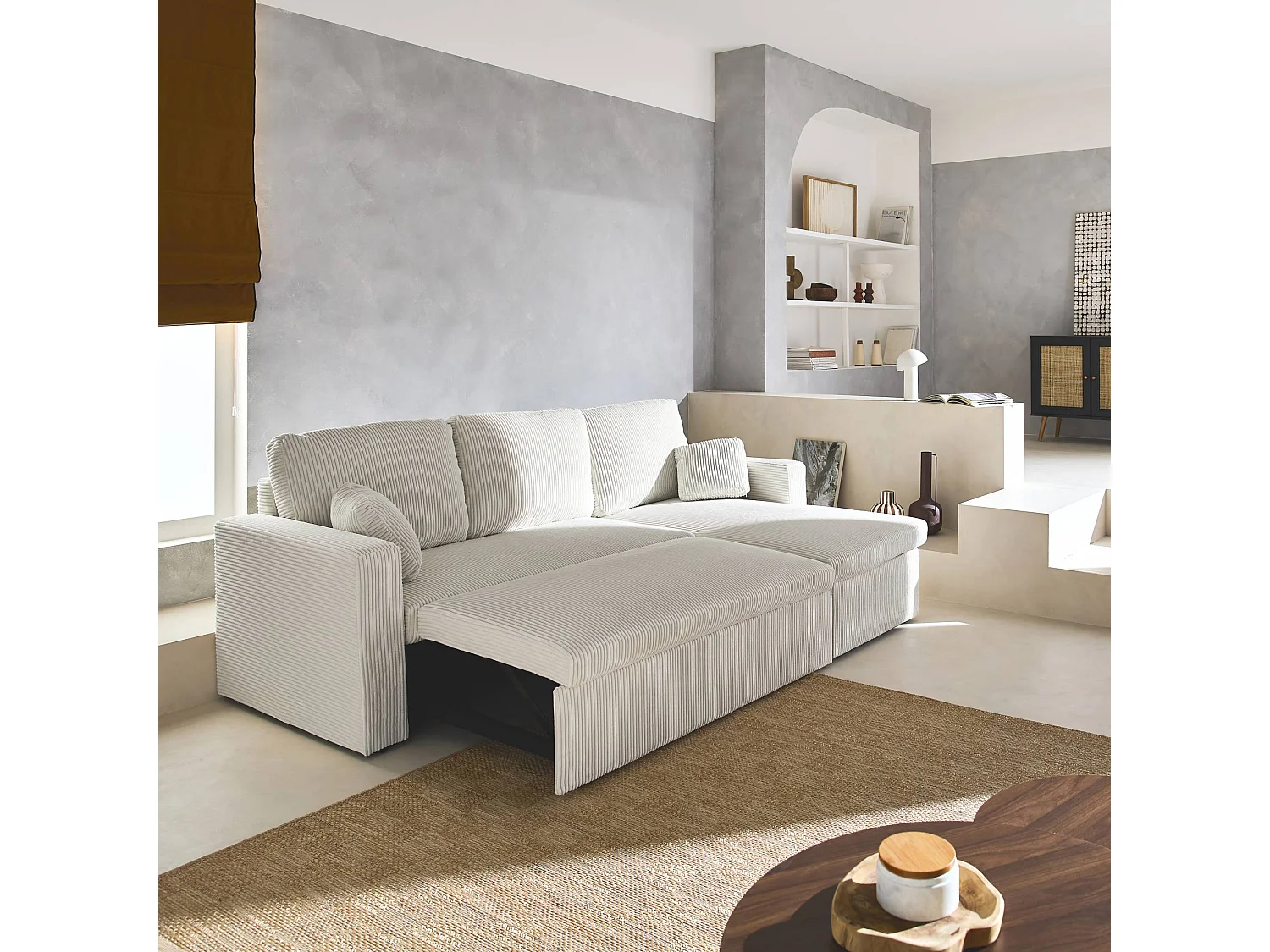 Divano letto angolare reversibile, 3 posti, crema