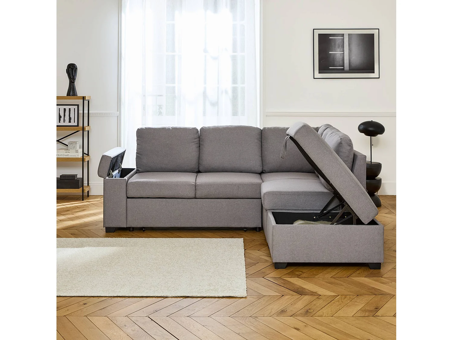 Sofá cama con reposapiés de 3 plazas gris claro