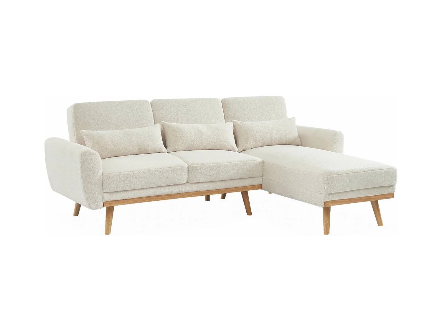Canapé d'angle convertible réversible 3 places. tissu bouclettes crème. pieds bois