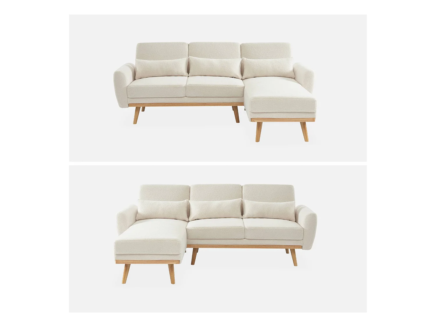 Canapé d'angle convertible réversible 3 places. tissu bouclettes crème. pieds bois