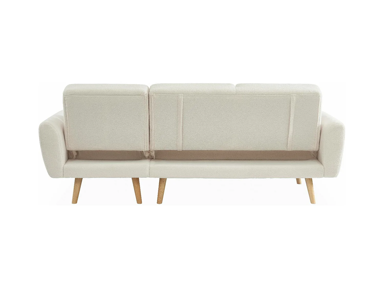 Canapé d'angle convertible réversible 3 places. tissu bouclettes crème. pieds bois