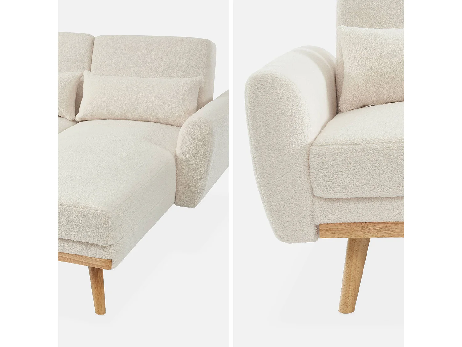 Canapé d'angle convertible réversible 3 places. tissu bouclettes crème. pieds bois