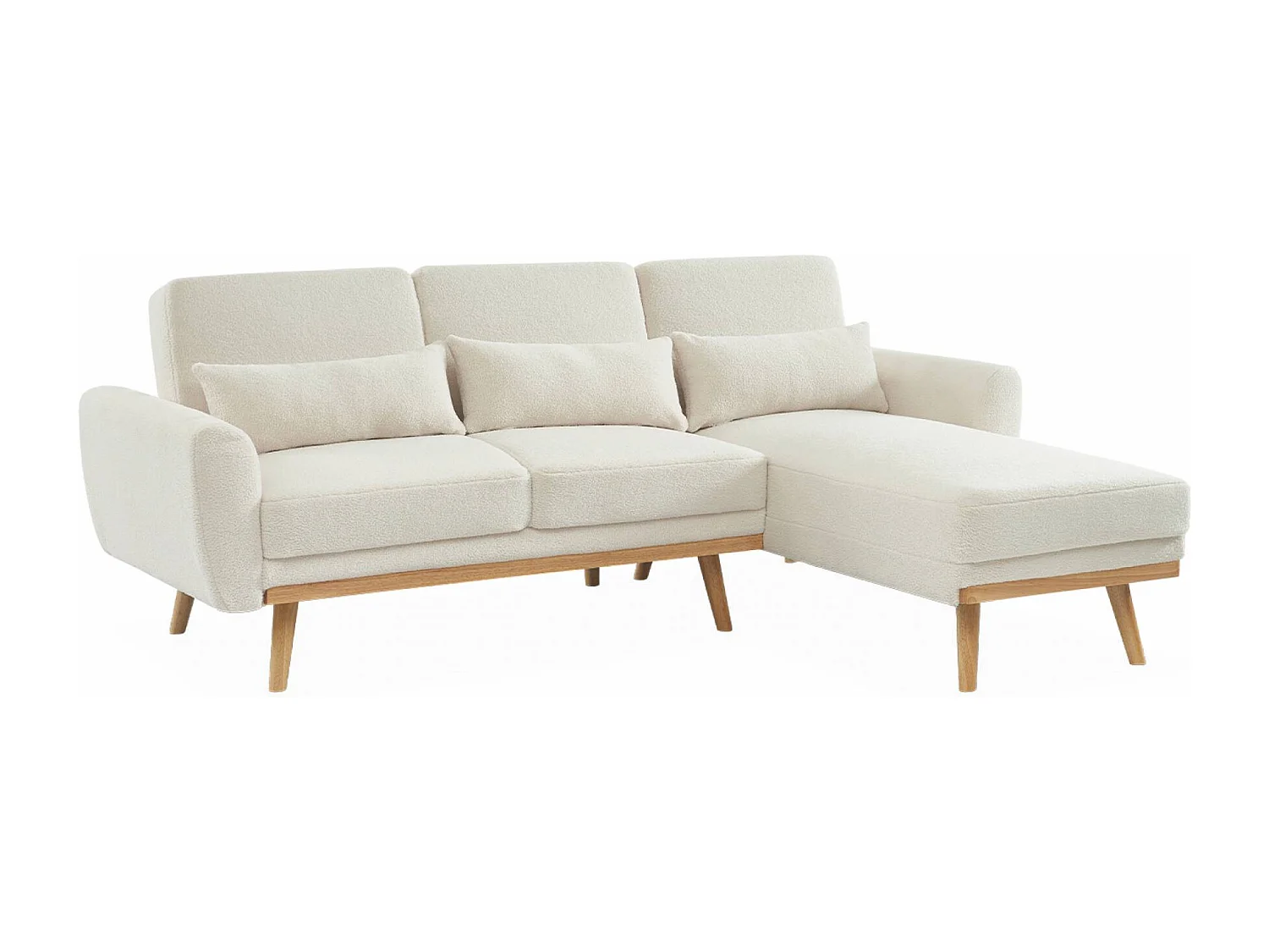 Canapé d'angle convertible réversible 3 places. tissu bouclettes crème. pieds bois
