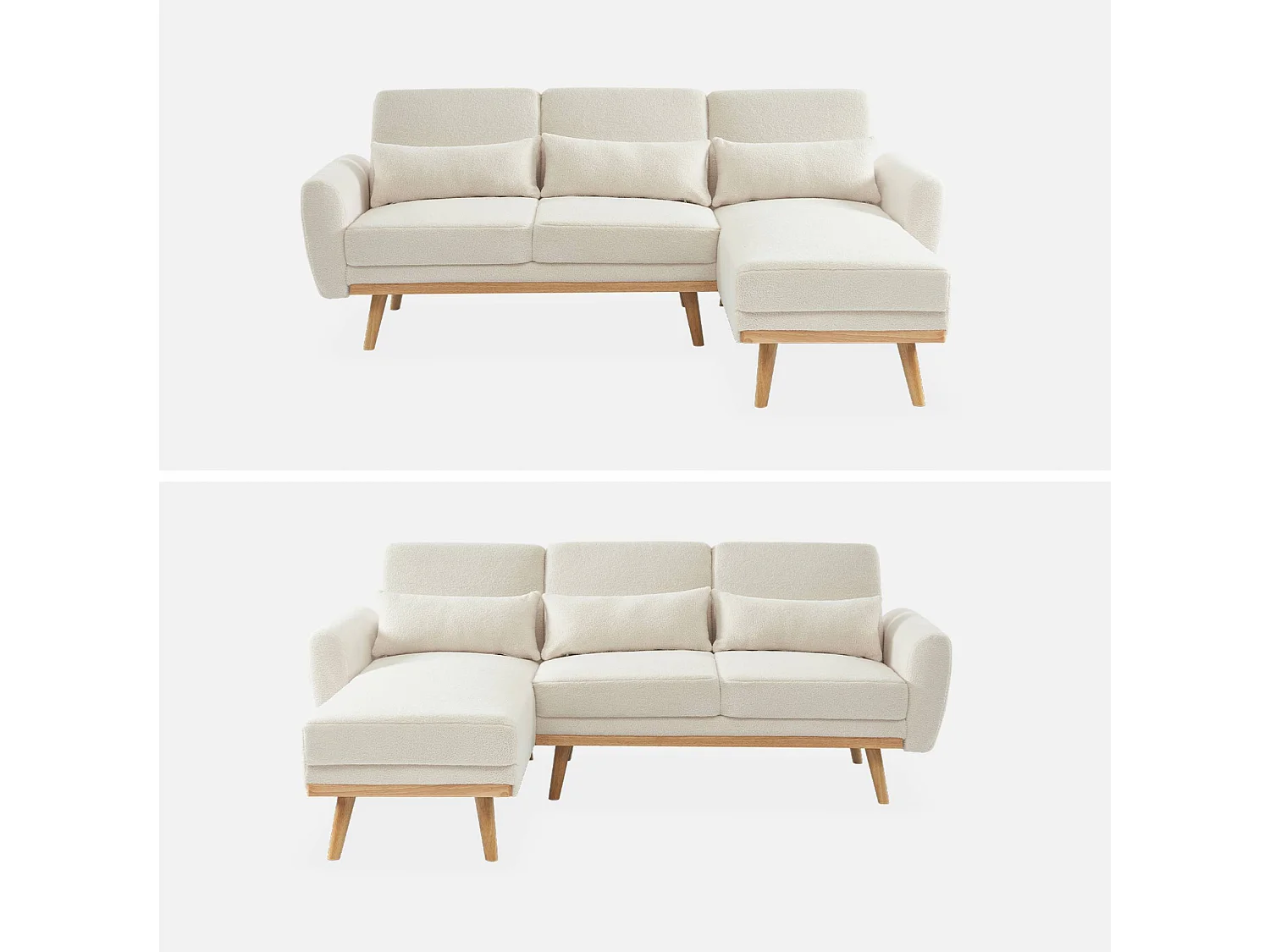 Canapé d'angle convertible réversible 3 places. tissu bouclettes crème. pieds bois