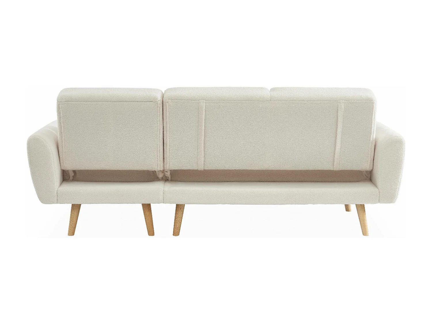 Canapé d'angle convertible réversible 3 places. tissu bouclettes crème. pieds bois