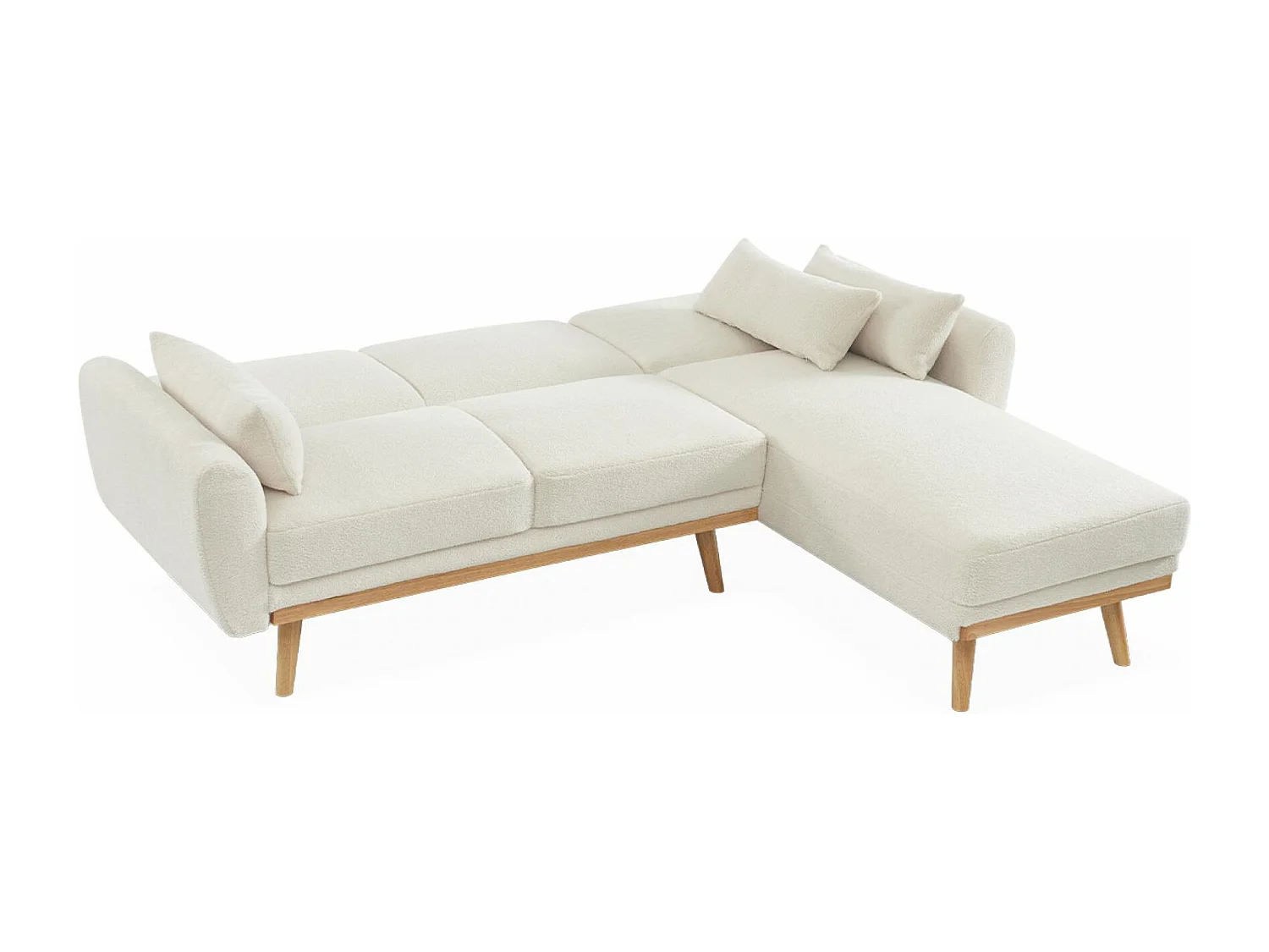 Canapé d'angle convertible réversible 3 places. tissu bouclettes crème. pieds bois