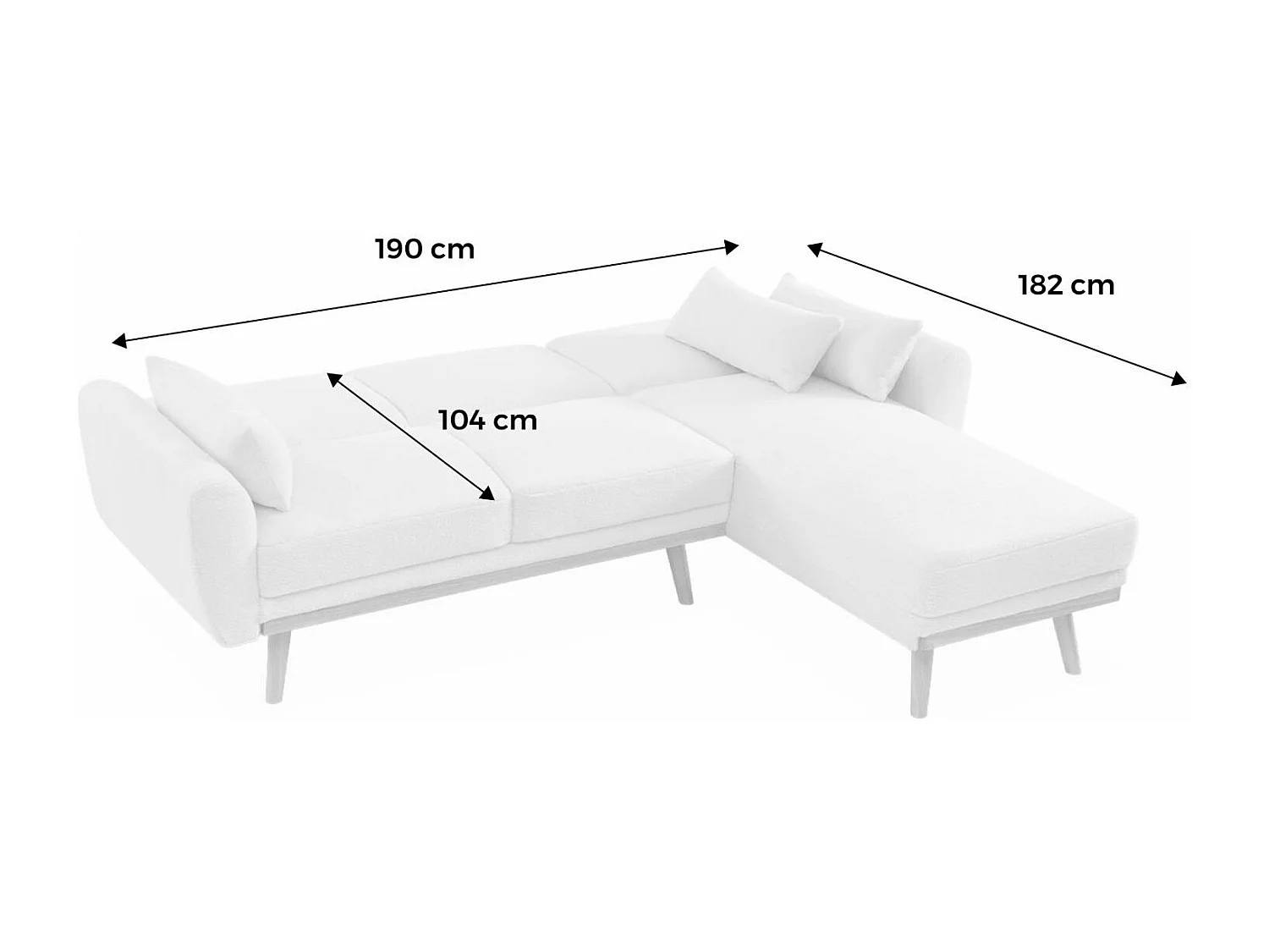 Canapé d'angle convertible réversible 3 places. tissu bouclettes crème. pieds bois