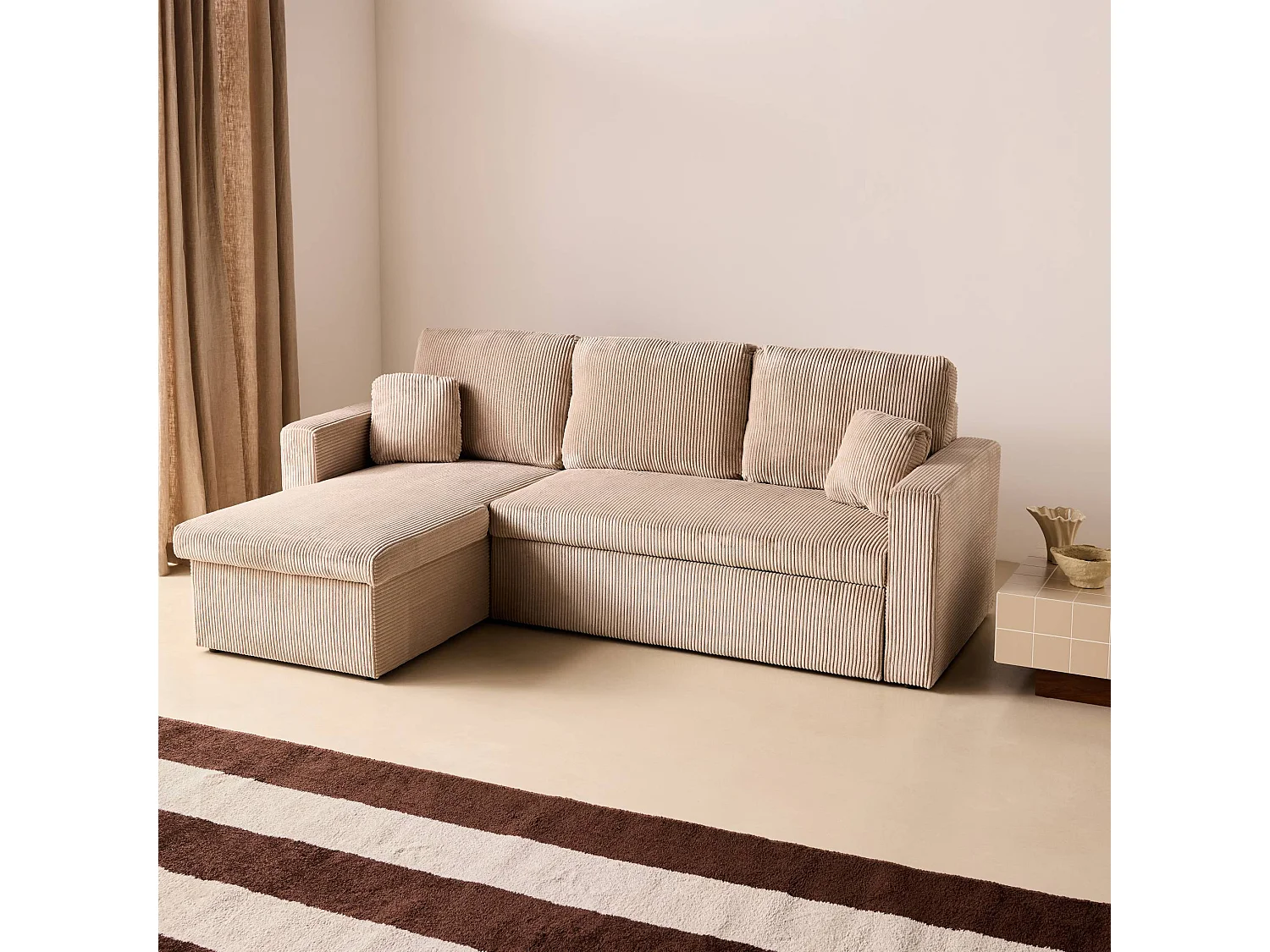 Canapé d'angle réversible convertible tiroir 3 places en velours beige IDA