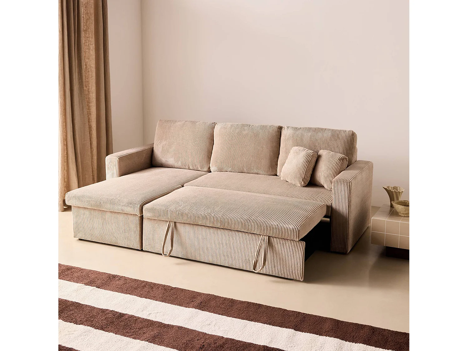 Canapé d'angle réversible convertible tiroir 3 places en velours beige IDA