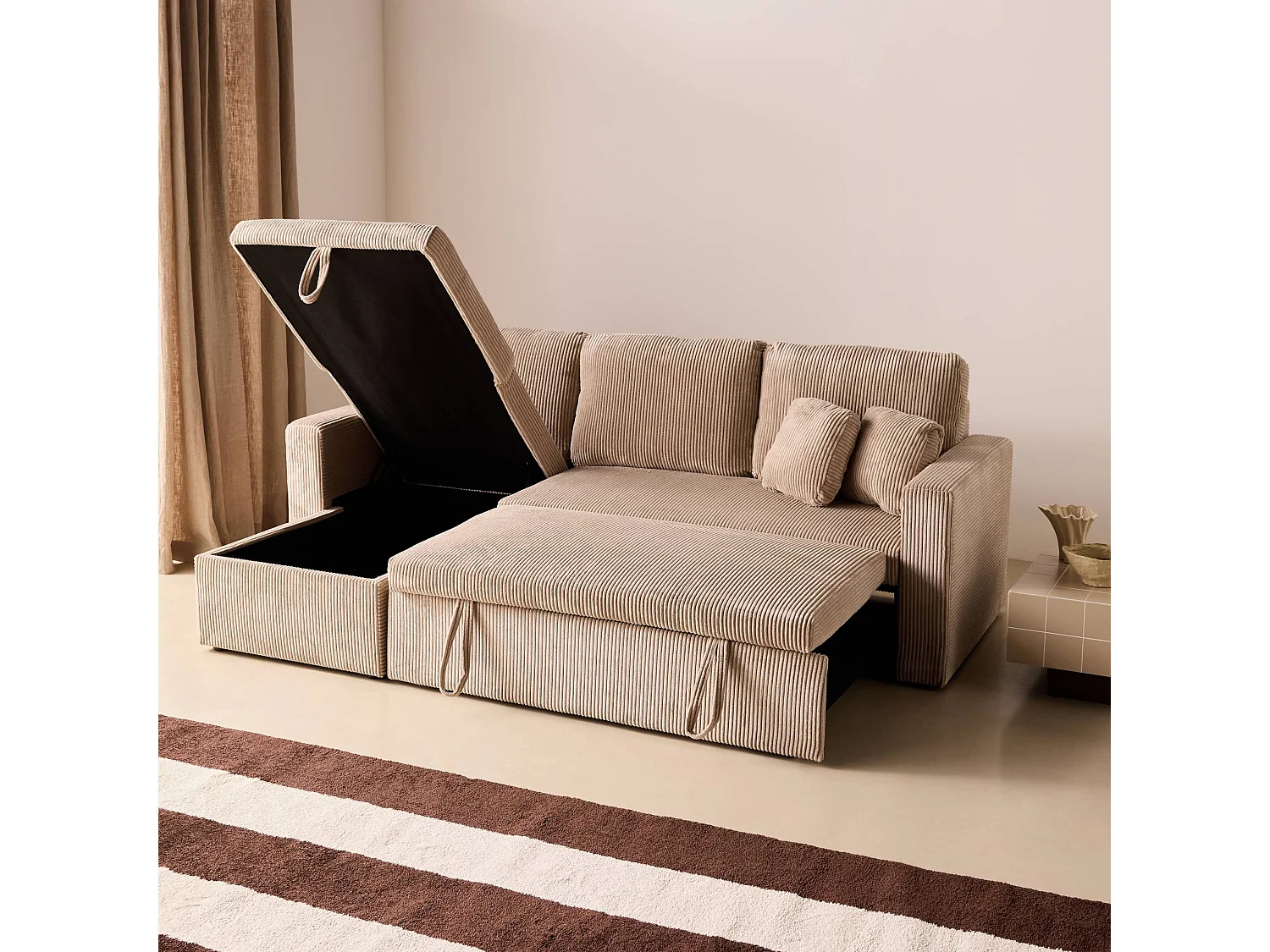 Canapé d'angle réversible convertible tiroir 3 places en velours beige IDA