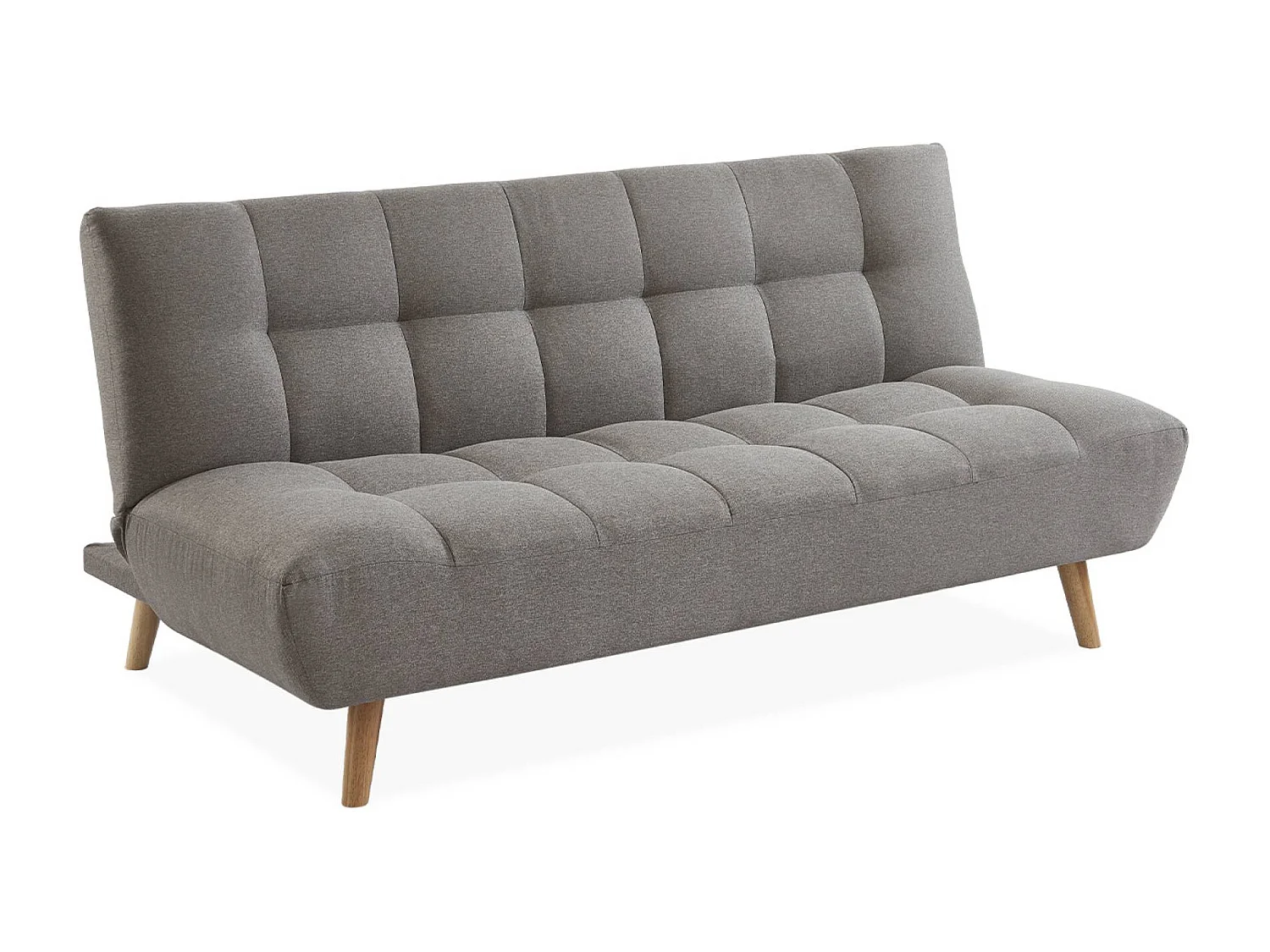Canapé 3 places banquette clic clac. convertible. en tissu gris clair et pieds bois naturel