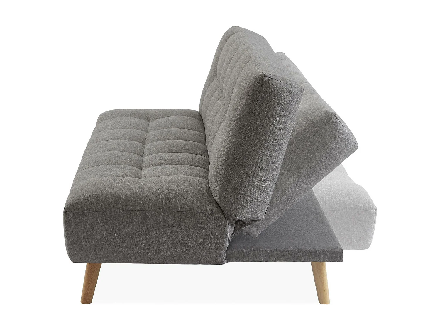 Canapé 3 places banquette clic clac. convertible. en tissu gris clair et pieds bois naturel