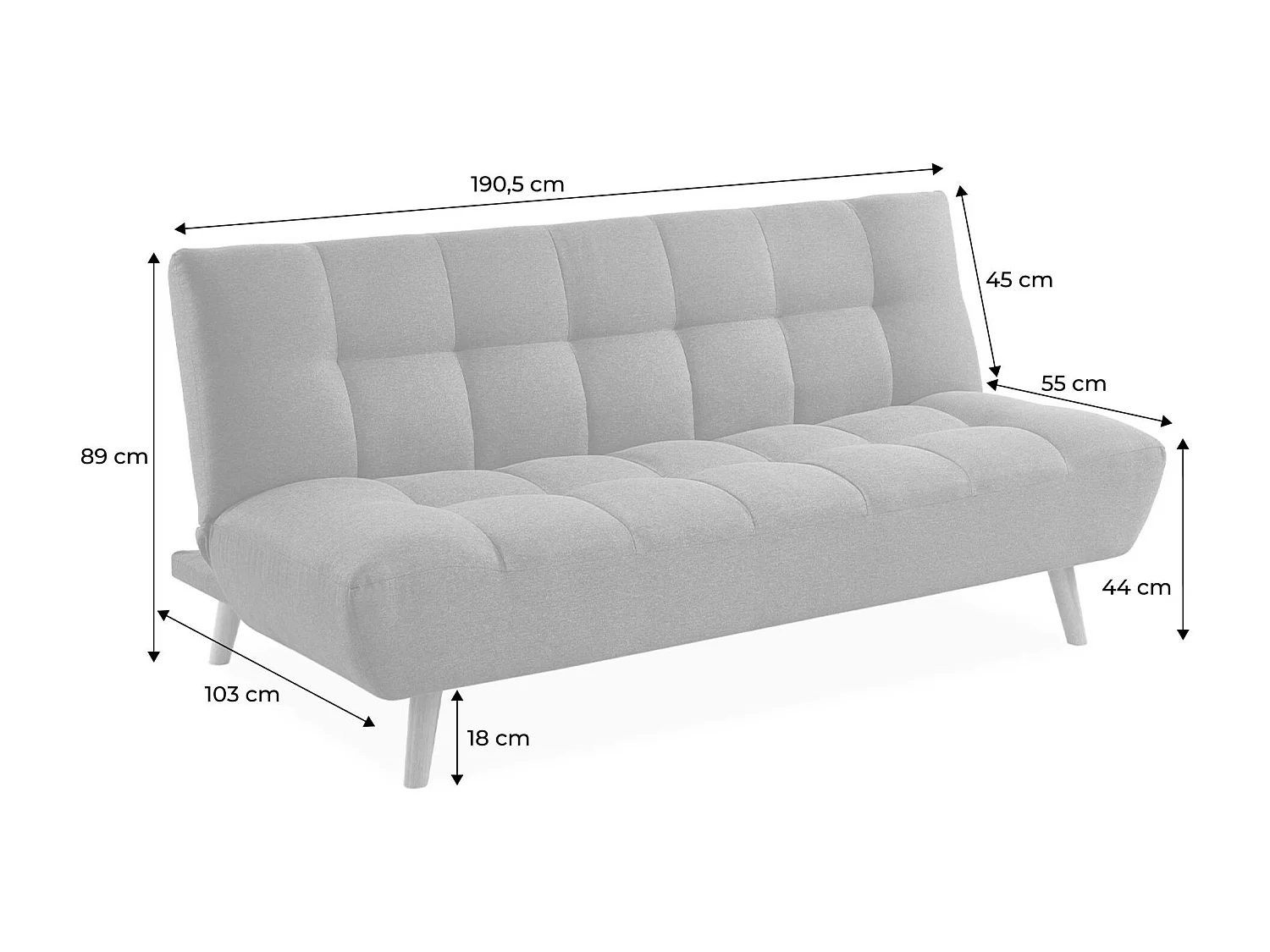 Canapé 3 places banquette clic clac. convertible. en tissu gris clair et pieds bois naturel